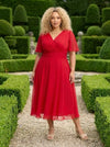 Petite Victoria Solid Red Angel Sleeve Mesh Midi Dress