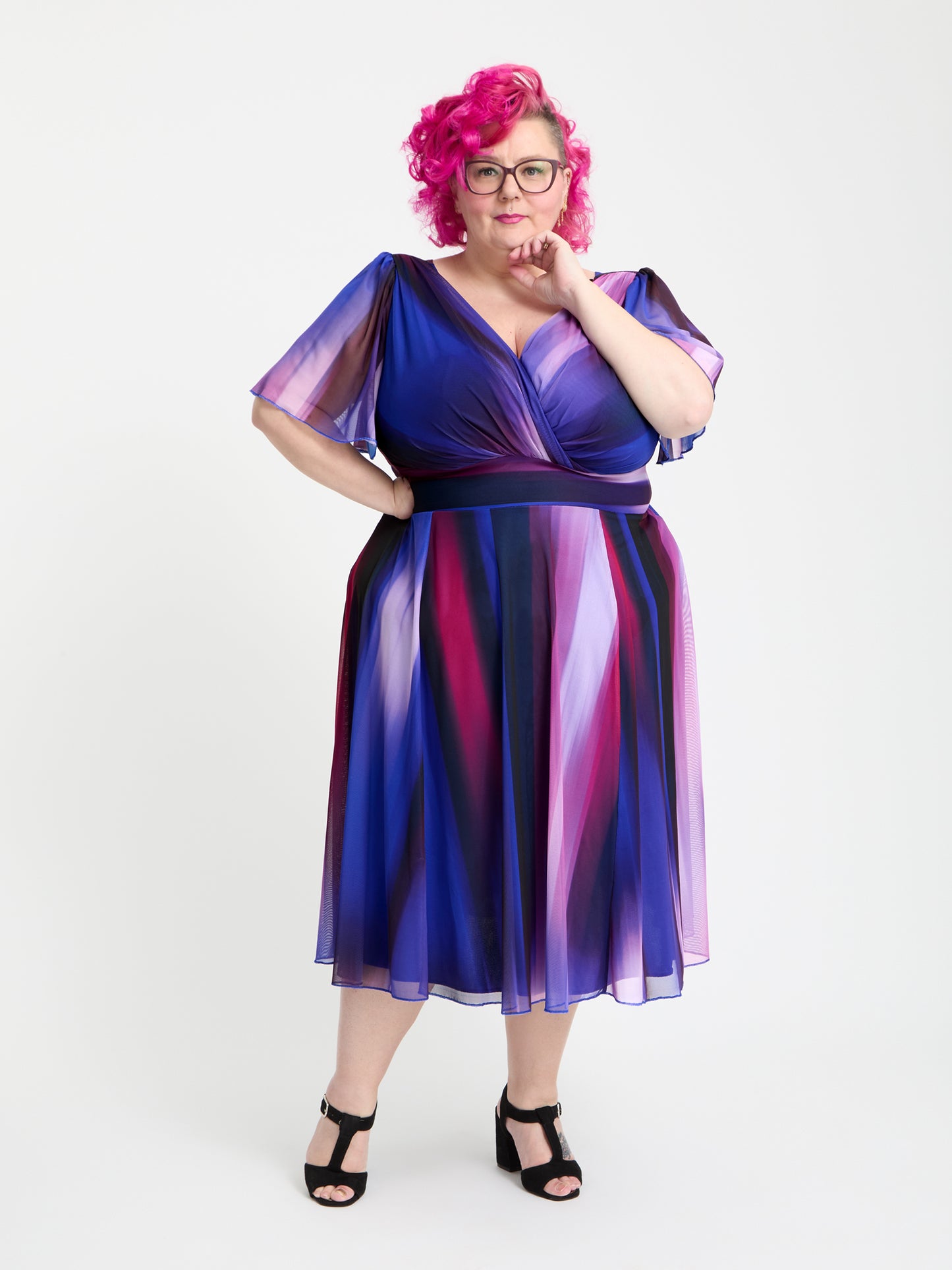 Petite Victoria Blue Purple Ikat Angel Sleeve Mesh Long Midi Dress