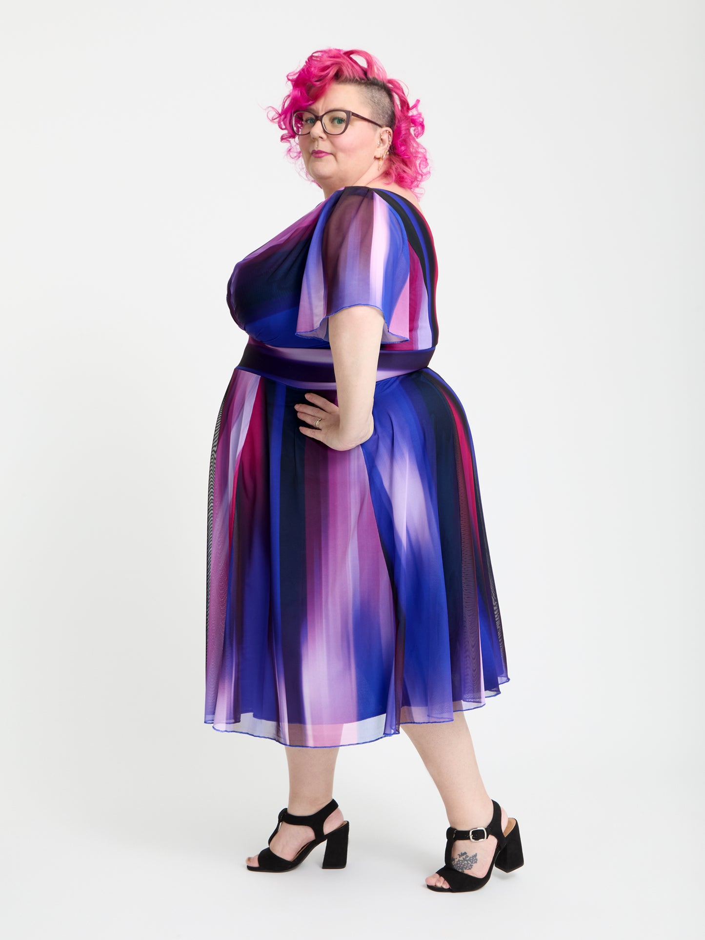 Petite Victoria Blue Purple Ikat Angel Sleeve Mesh Long Midi Dress