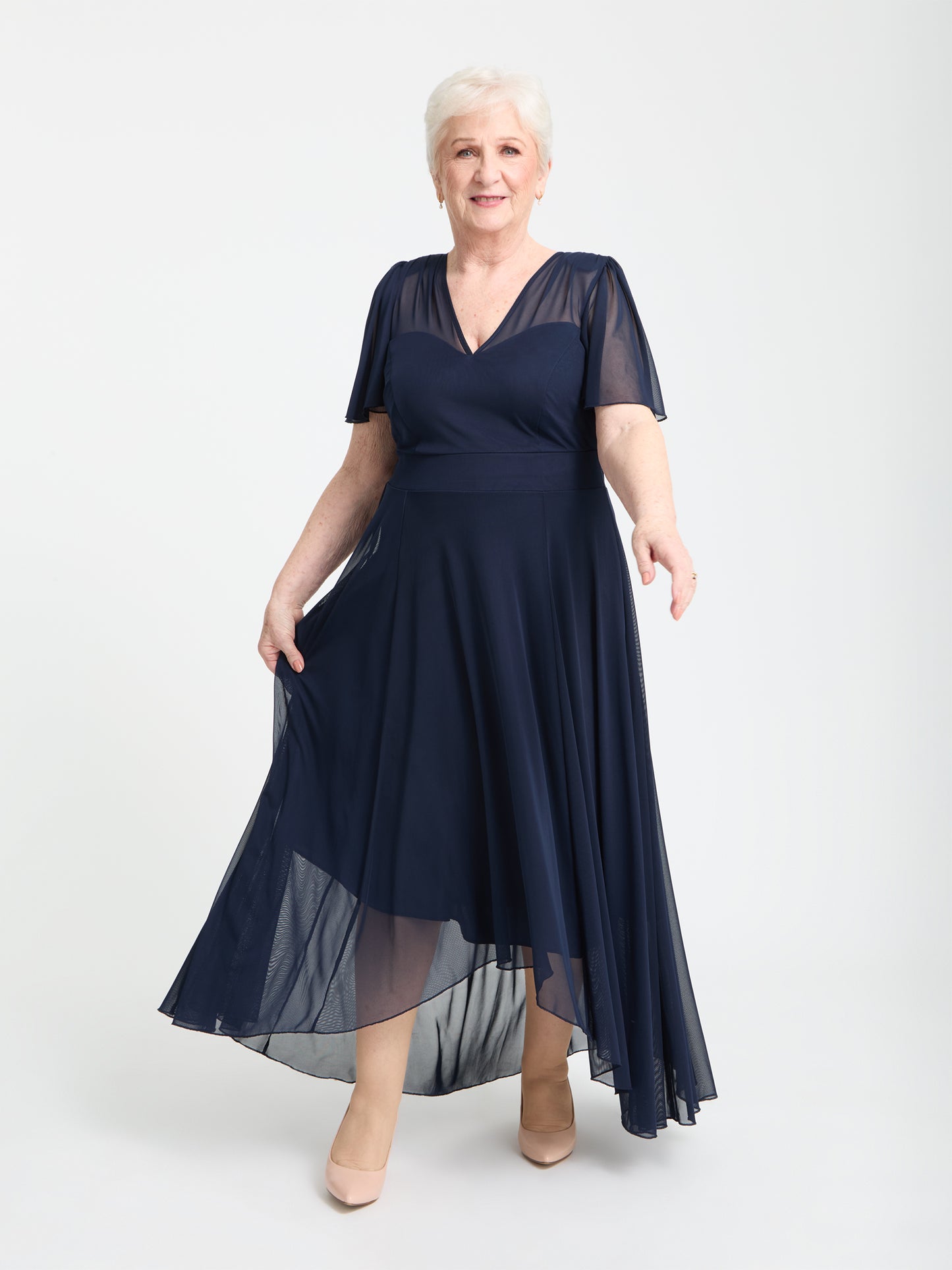 Petite Tilly Solid Navy Angel Sleeve Sweetheart Dress