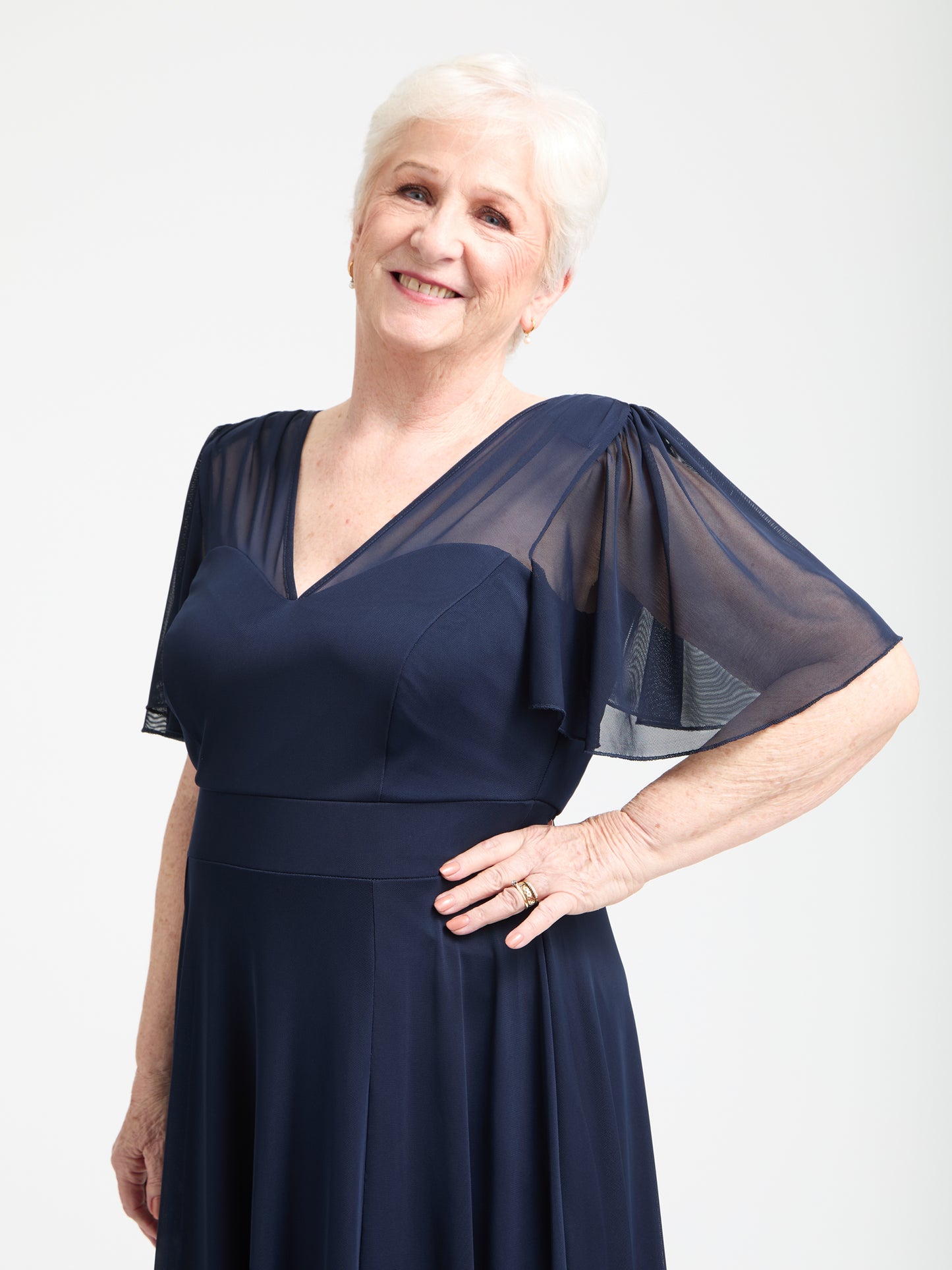 Petite Tilly Solid Navy Angel Sleeve Sweetheart Dress