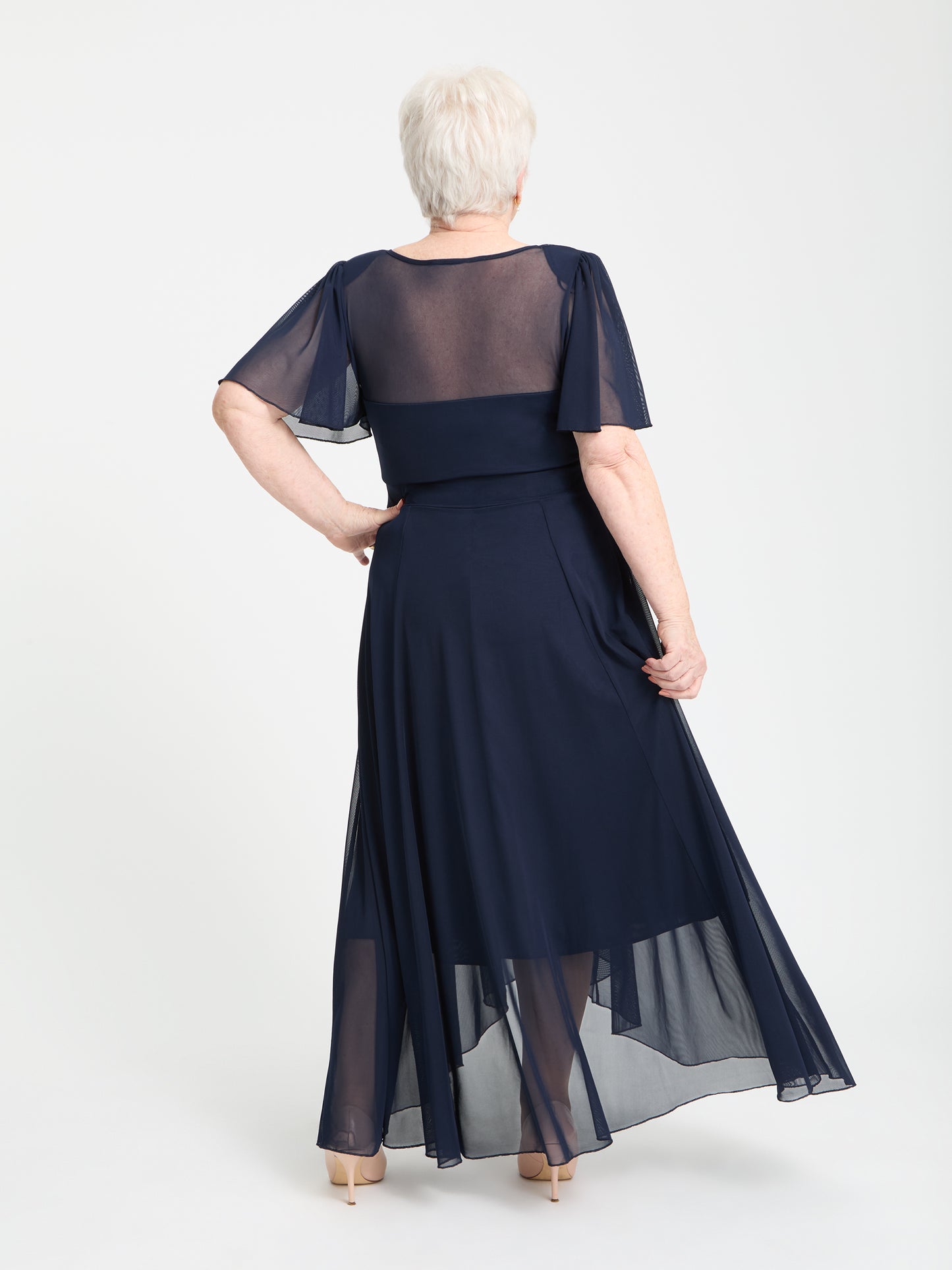 Petite Tilly Solid Navy Angel Sleeve Sweetheart Dress