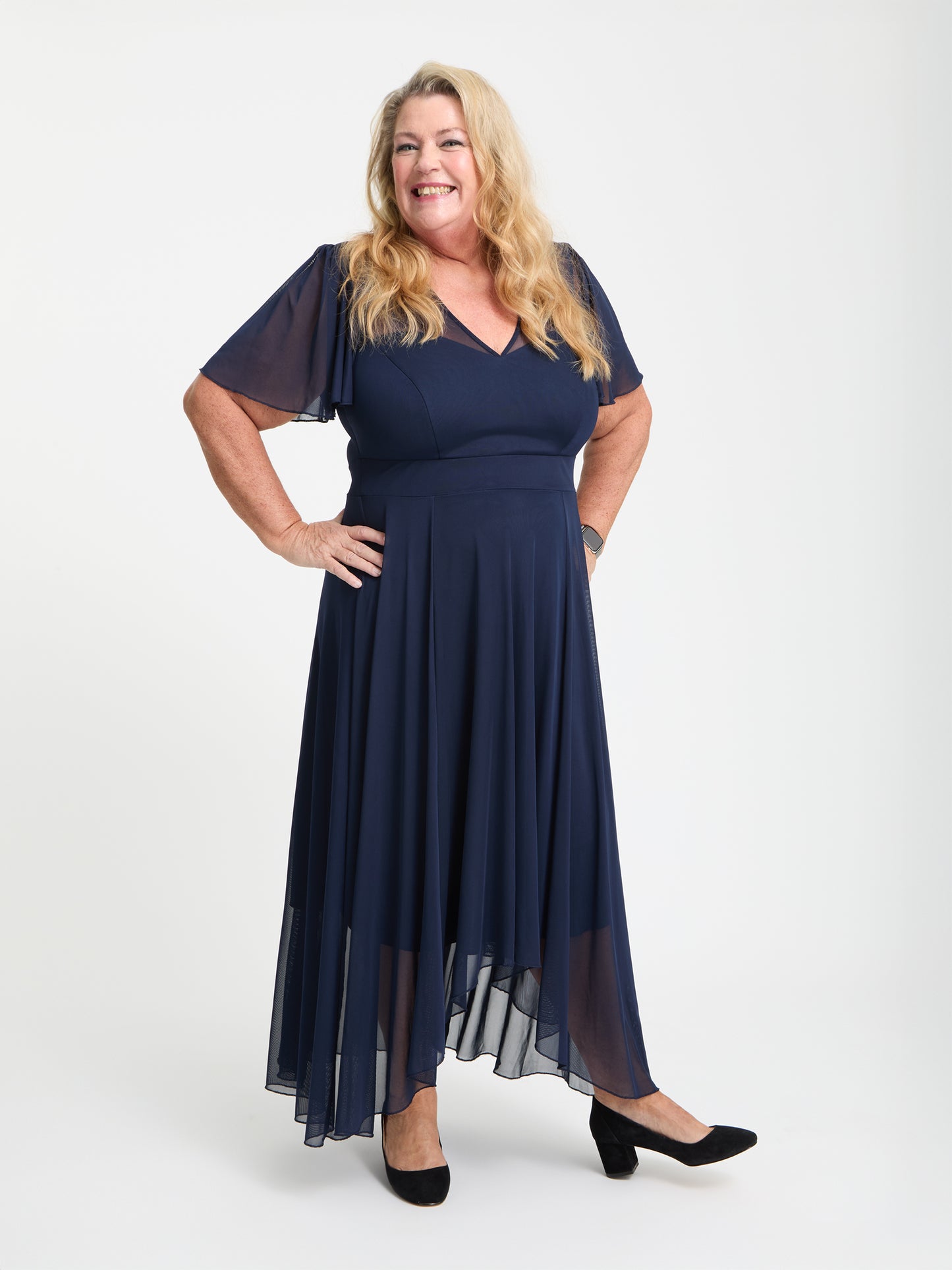 Petite Tilly Solid Navy Angel Sleeve Sweetheart Dress