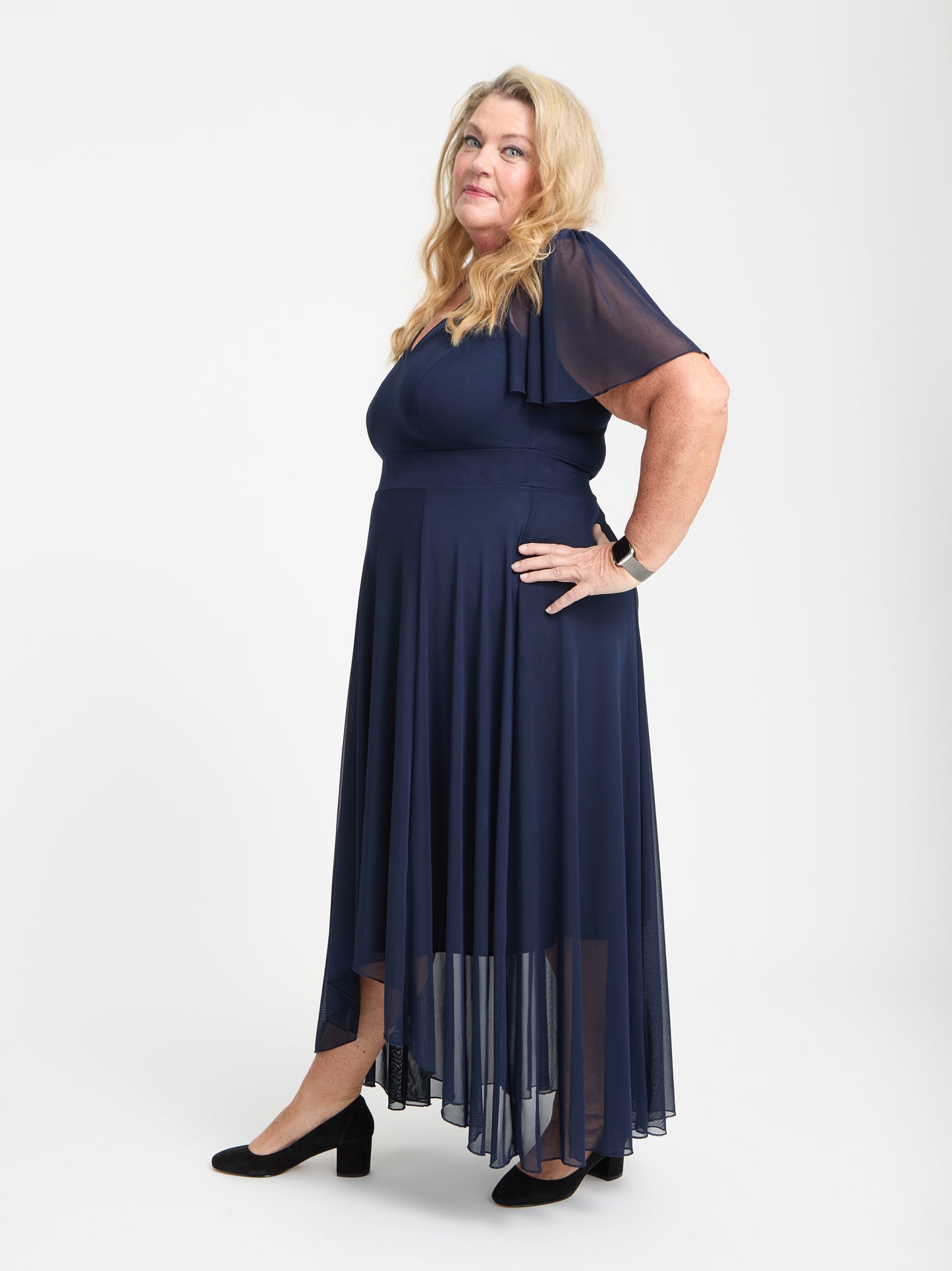 Petite Tilly Solid Navy Angel Sleeve Sweetheart Dress