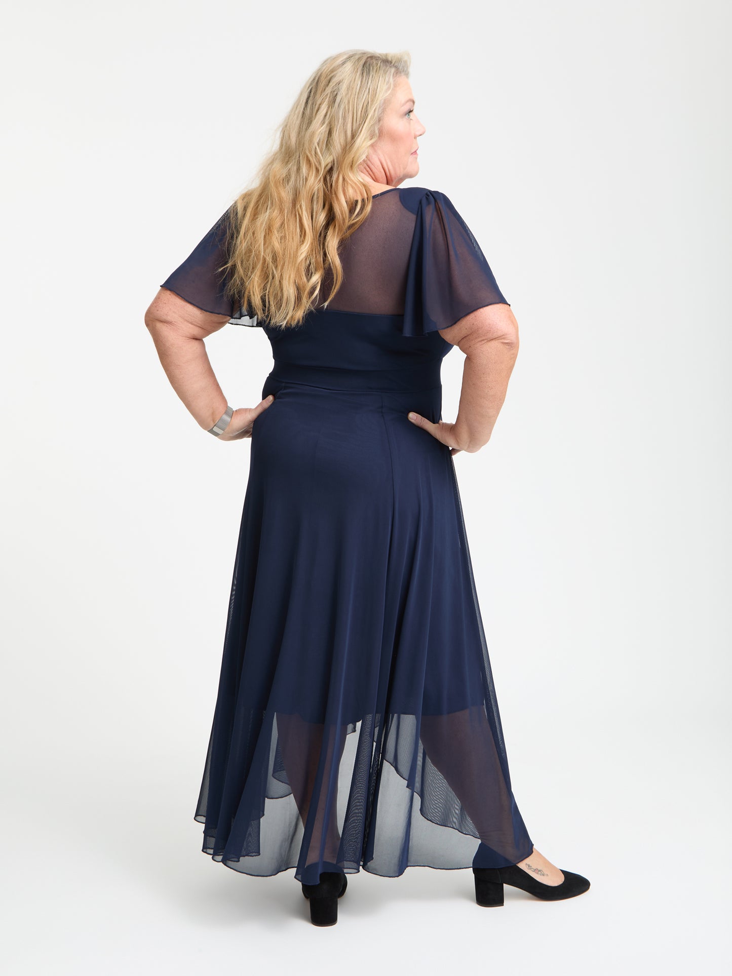 Petite Tilly Solid Navy Angel Sleeve Sweetheart Dress