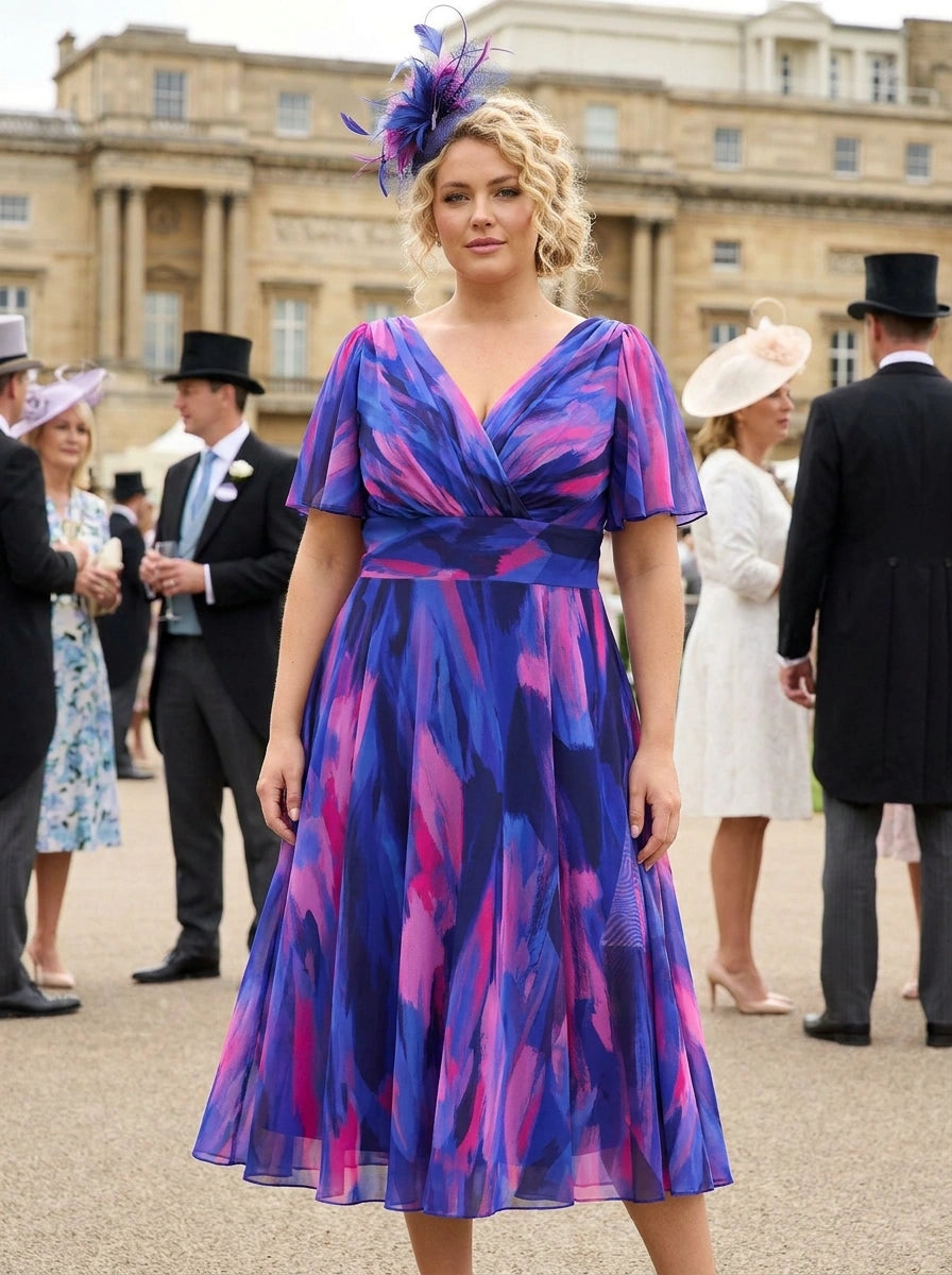 Petite Victoria Blue Pink Brush Angel Sleeve Midi Dress — angel sleeves, POWERFIT® mesh, sizes 12–32, wedding guest wear