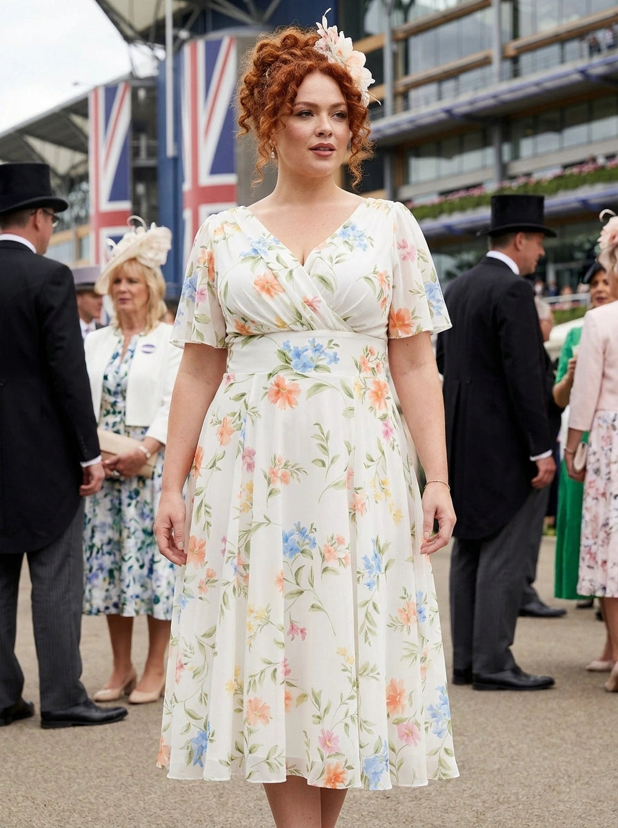 Petite Victoria Cream Multi Flower Midi Dress — angel sleeves, POWERFIT® mesh, sizes 12–32, wedding guest wear