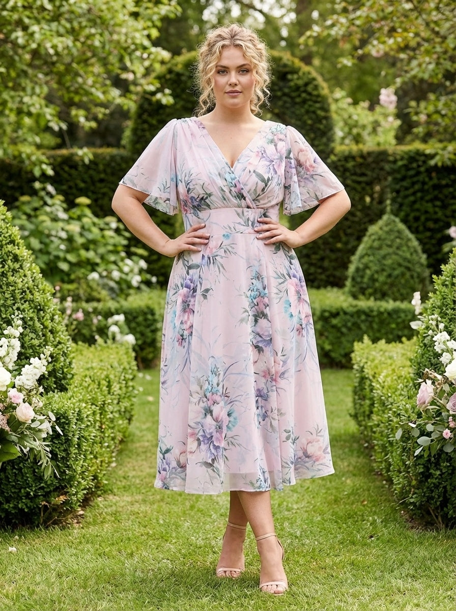 Victoria Pink Grey Angel Sleeve Mesh Long Midi Dress