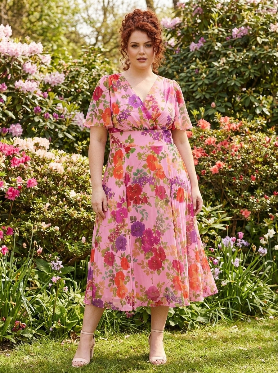 Victoria Pink Orange Multi Angel Sleeve Mesh Long Midi Dress