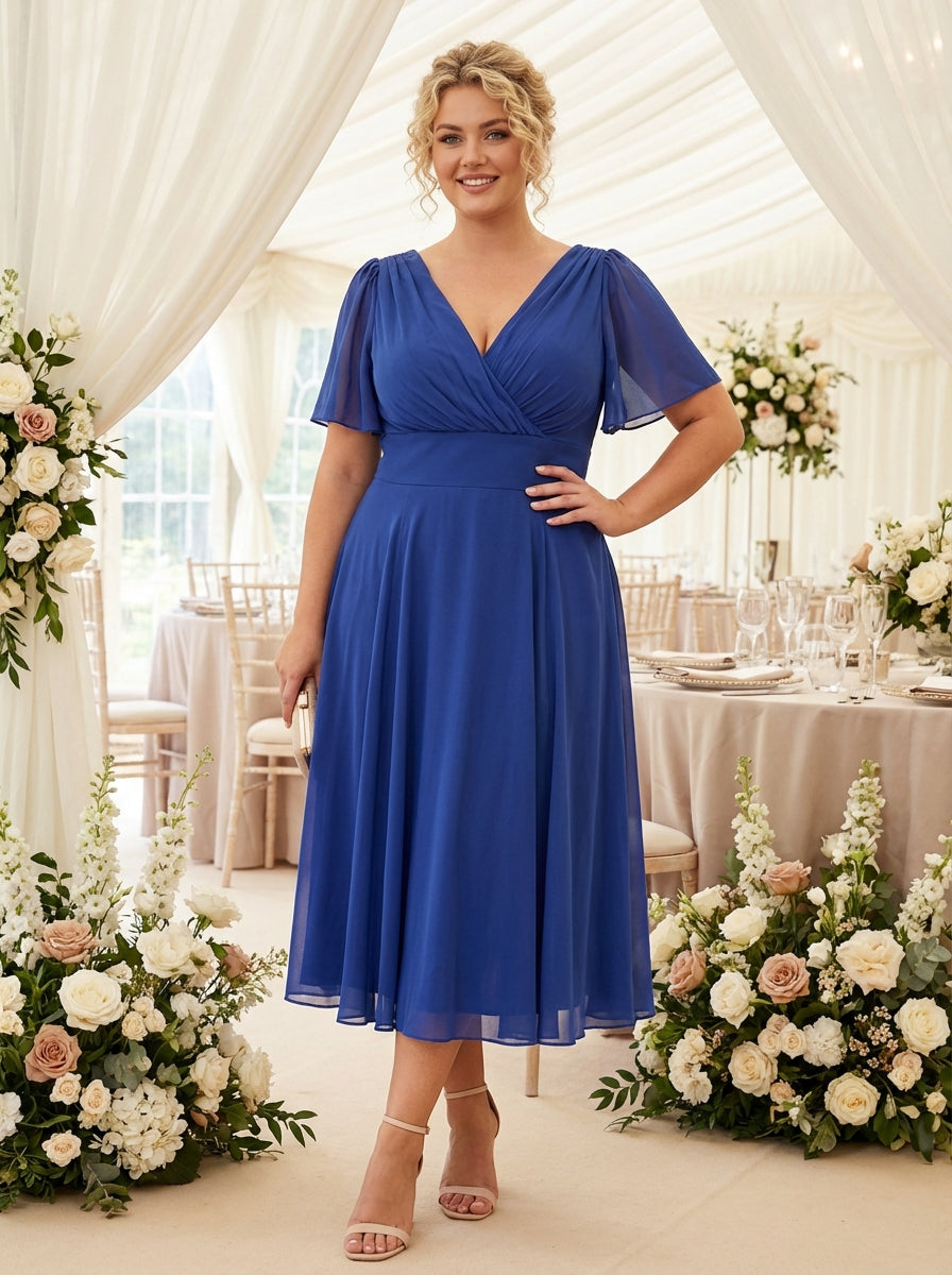 Victoria Solid Royal Blue Angel Sleeve Mesh Midi Dress