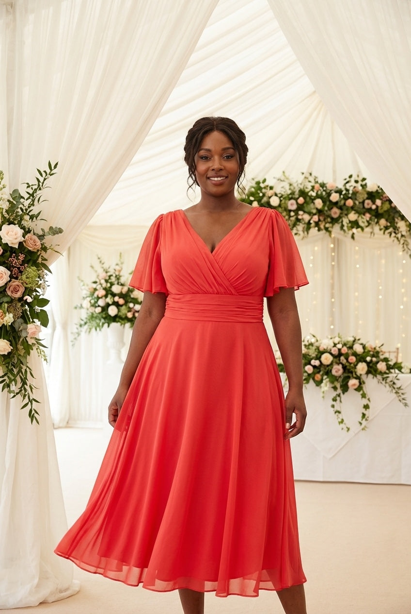 Victoria Solid Scarlet Red Angel Sleeve Mesh Midi Dress