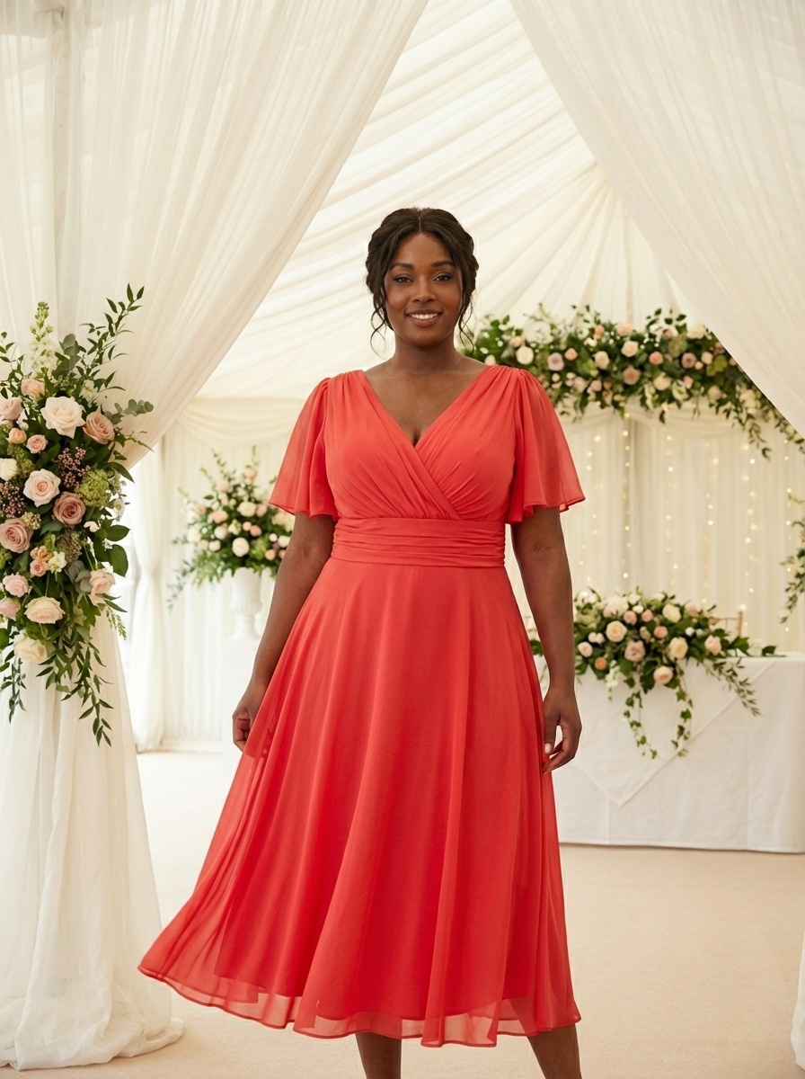 Victoria Solid Scarlet Red Angel Sleeve Mesh Midi Dress