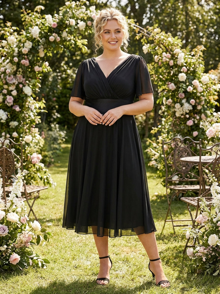 Victoria Solid Black Angel Sleeve Mesh Midi Dress