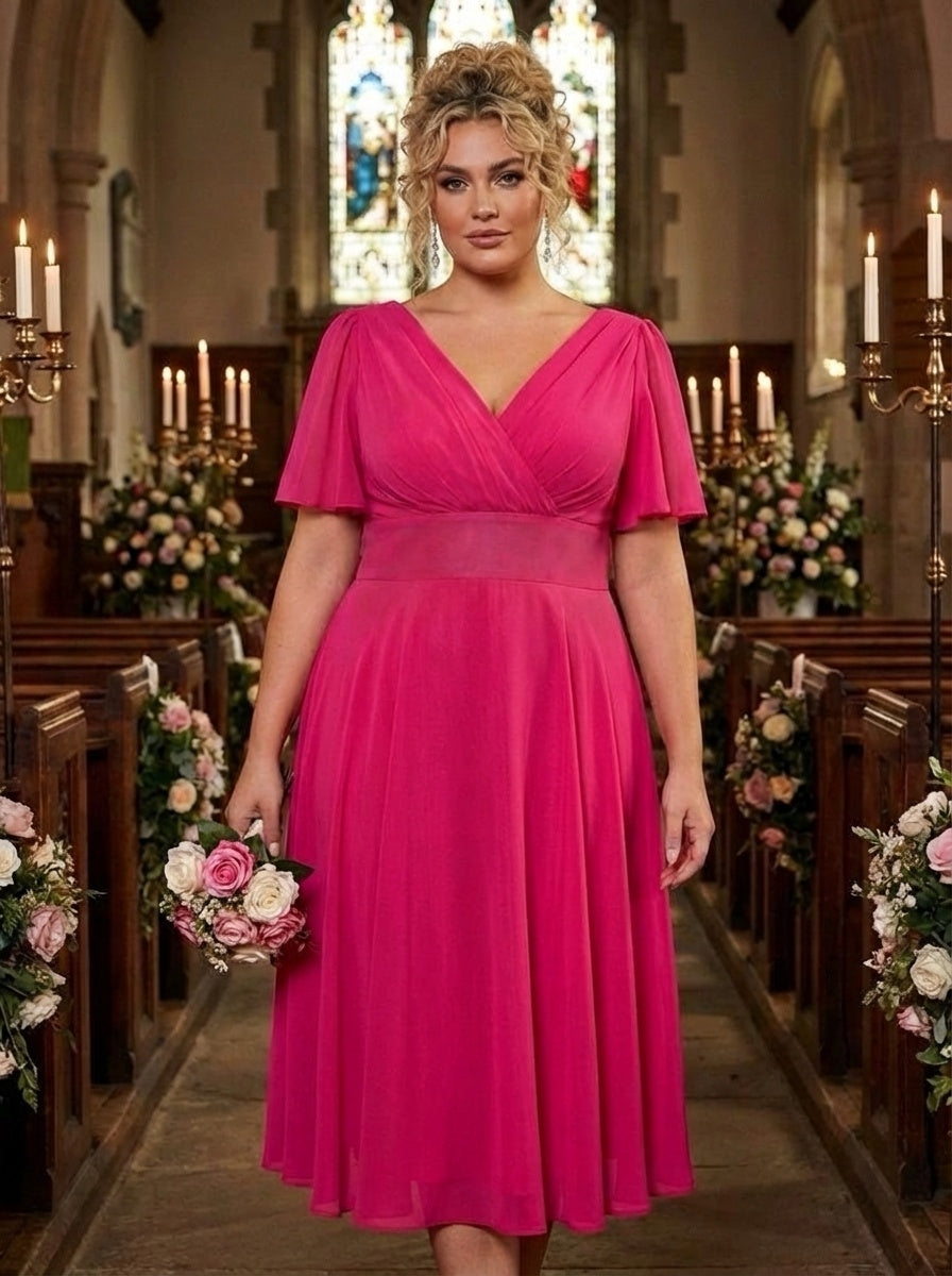 Victoria Solid Cerise Angel Sleeve Mesh Midi Dress