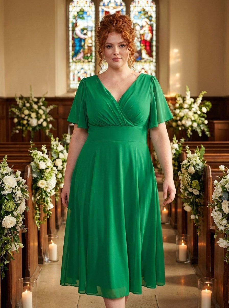 Victoria Solid Green Angel Sleeve Mesh Midi Dress