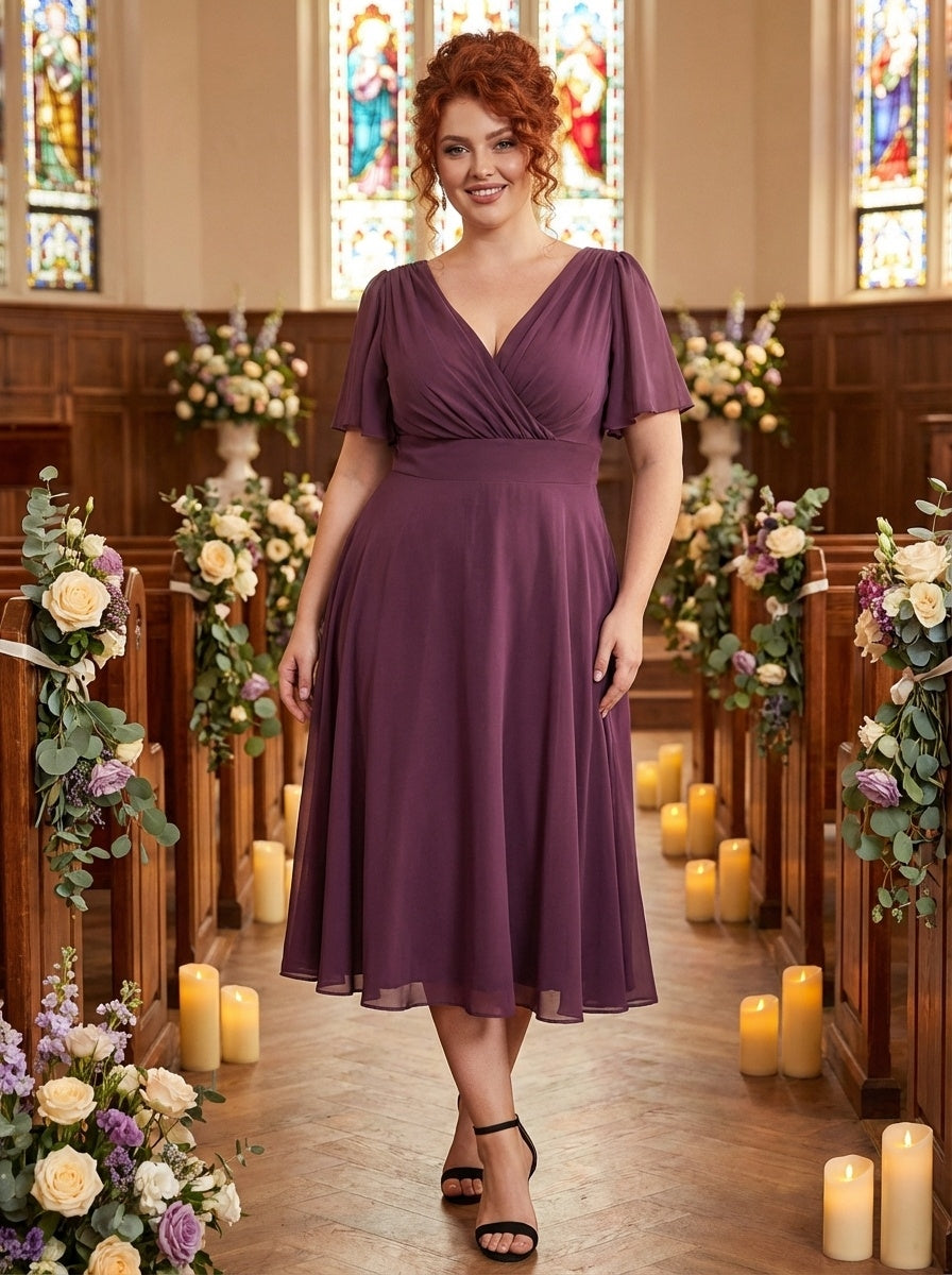 Victoria Solid Magenta Angel Sleeve Mesh Midi Dress