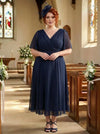 Petite Victoria Solid Navy Angel Sleeve Mesh Midi Dress