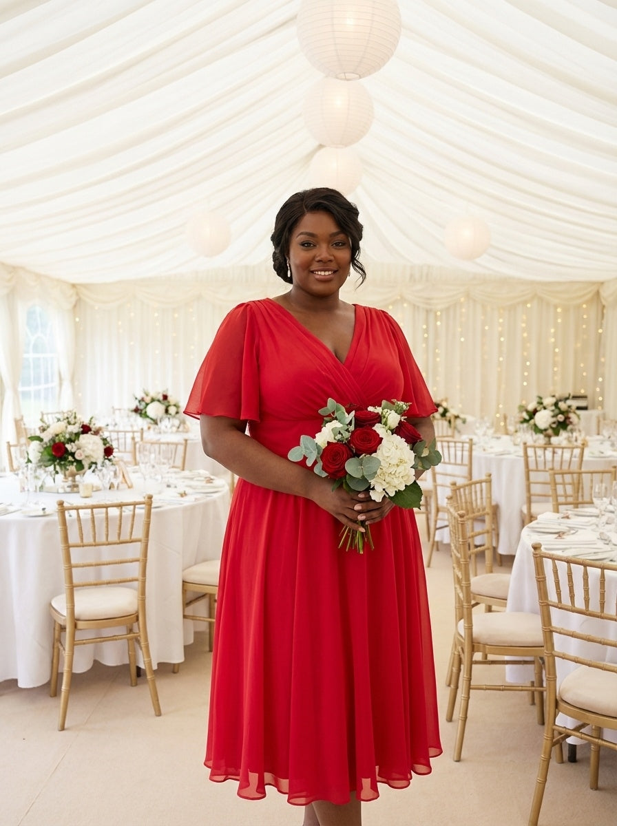 Victoria Solid Red Angel Sleeve Mesh Long Midi Dress