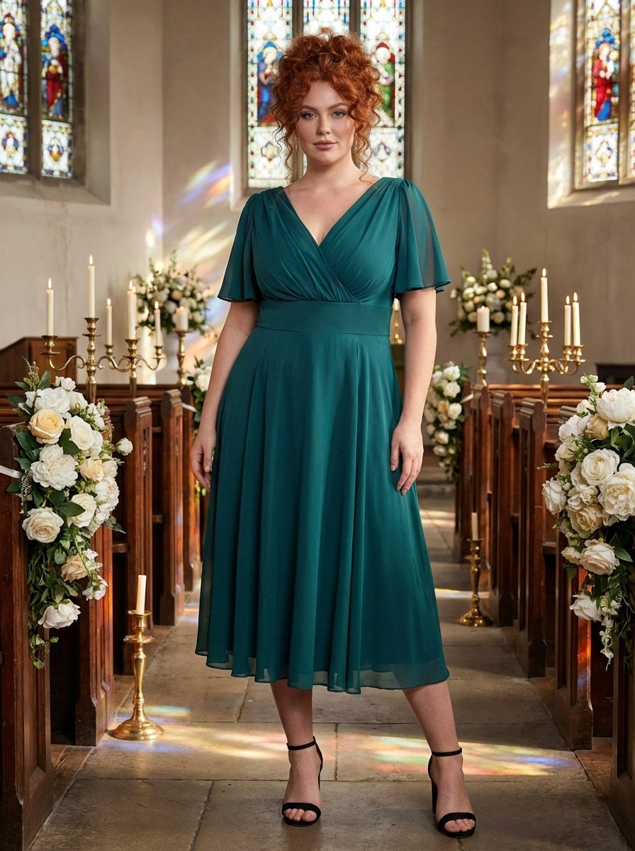 Victoria Teal Blue Angel Sleeve Mesh Midi Dress