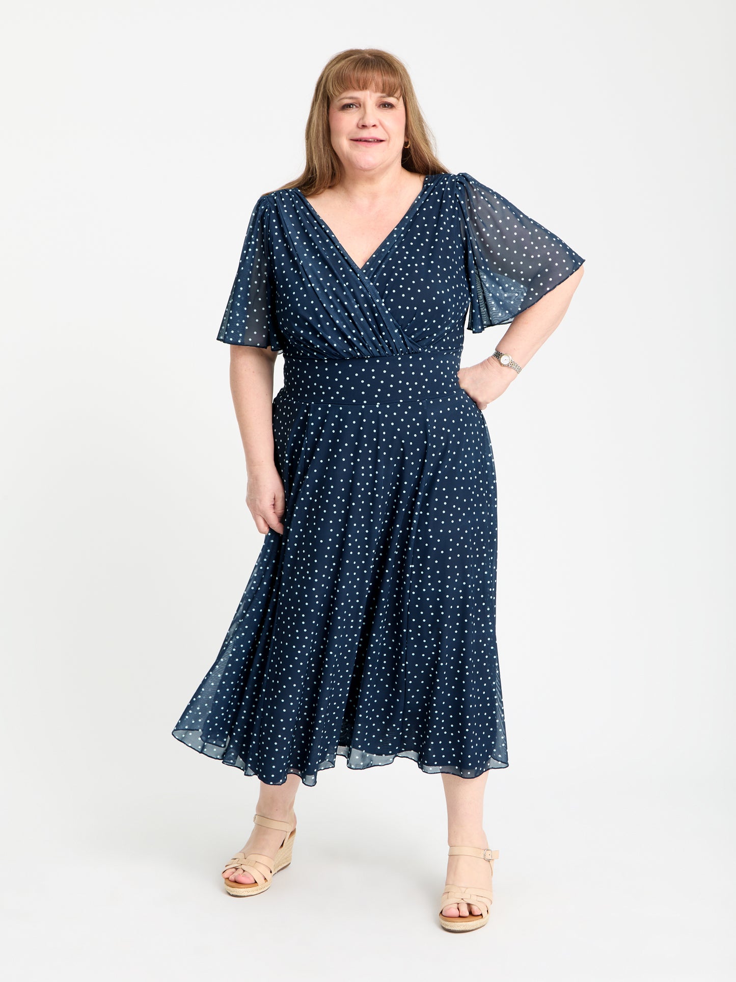 Petite Victoria Navy Cream Dot Angel Sleeve Mesh Long Midi Dress