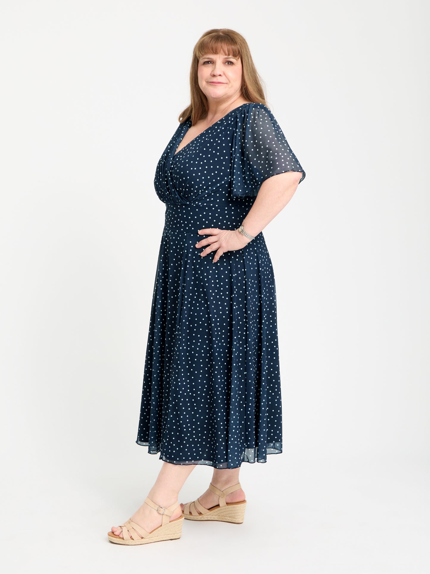 Petite Victoria Navy Cream Dot Angel Sleeve Mesh Long Midi Dress