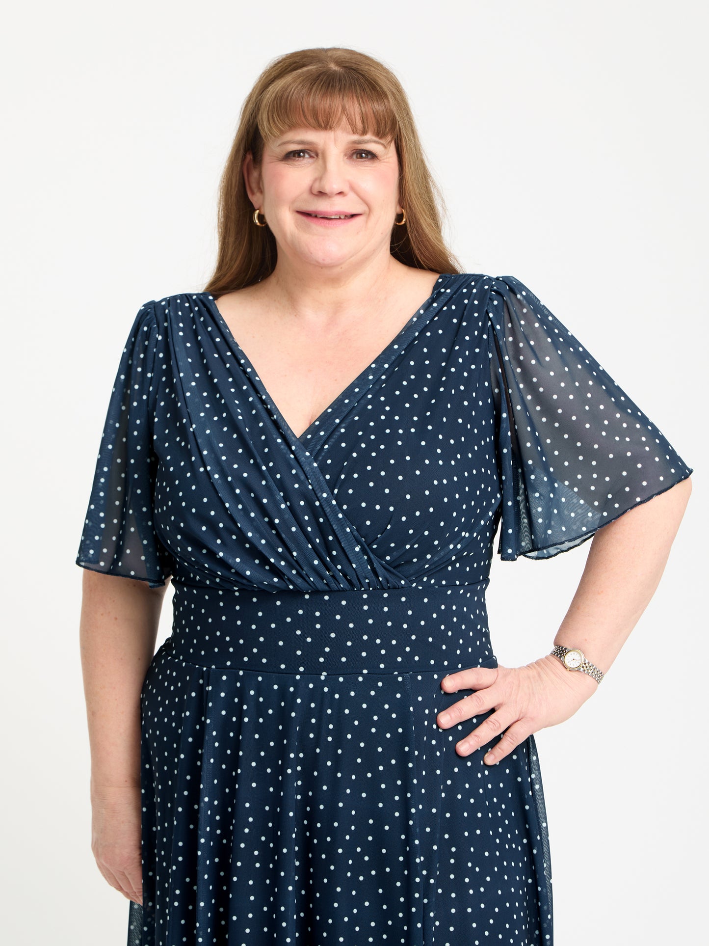 Petite Victoria Navy Cream Dot Angel Sleeve Mesh Long Midi Dress