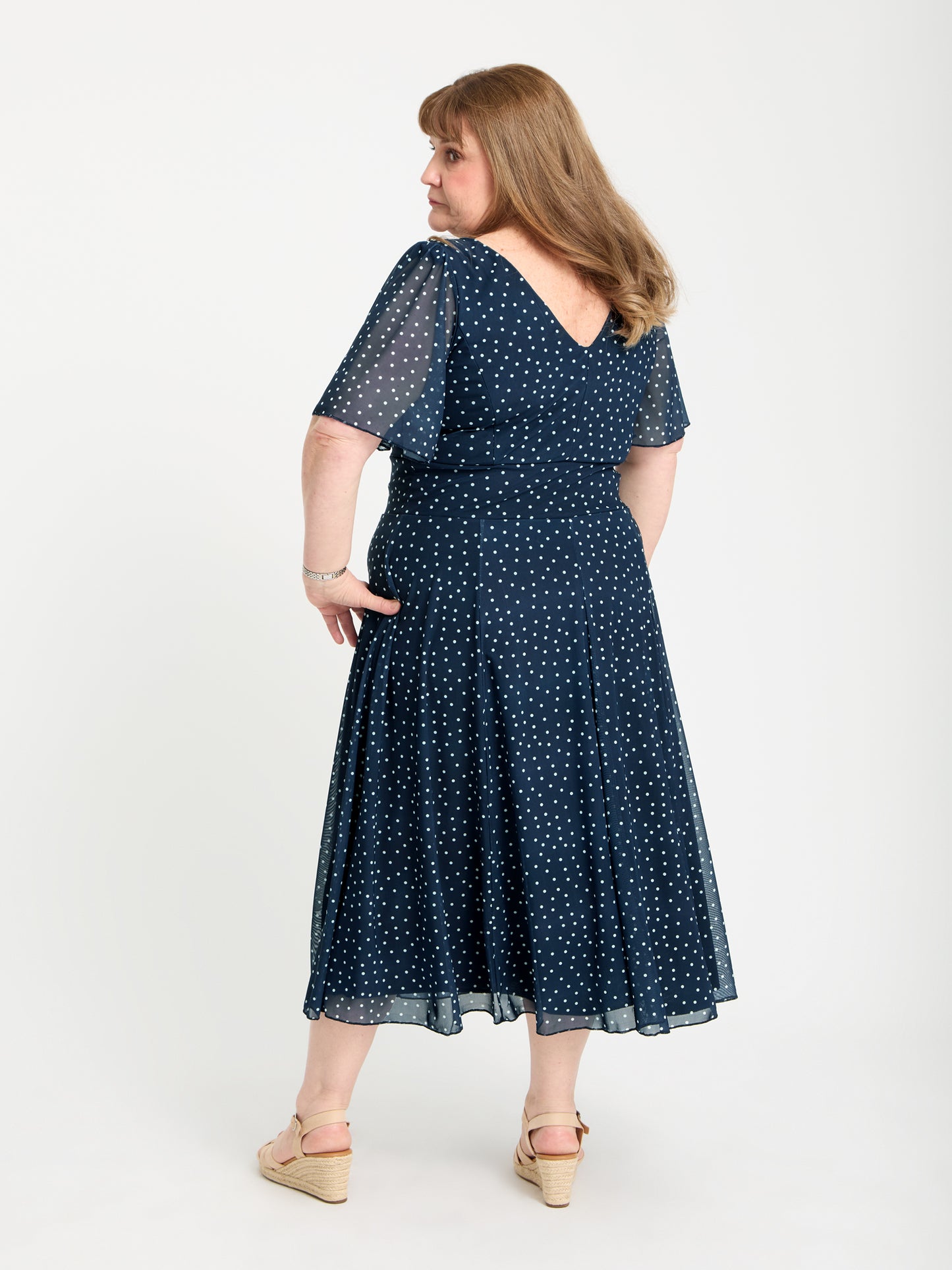 Petite Victoria Navy Cream Dot Angel Sleeve Mesh Long Midi Dress