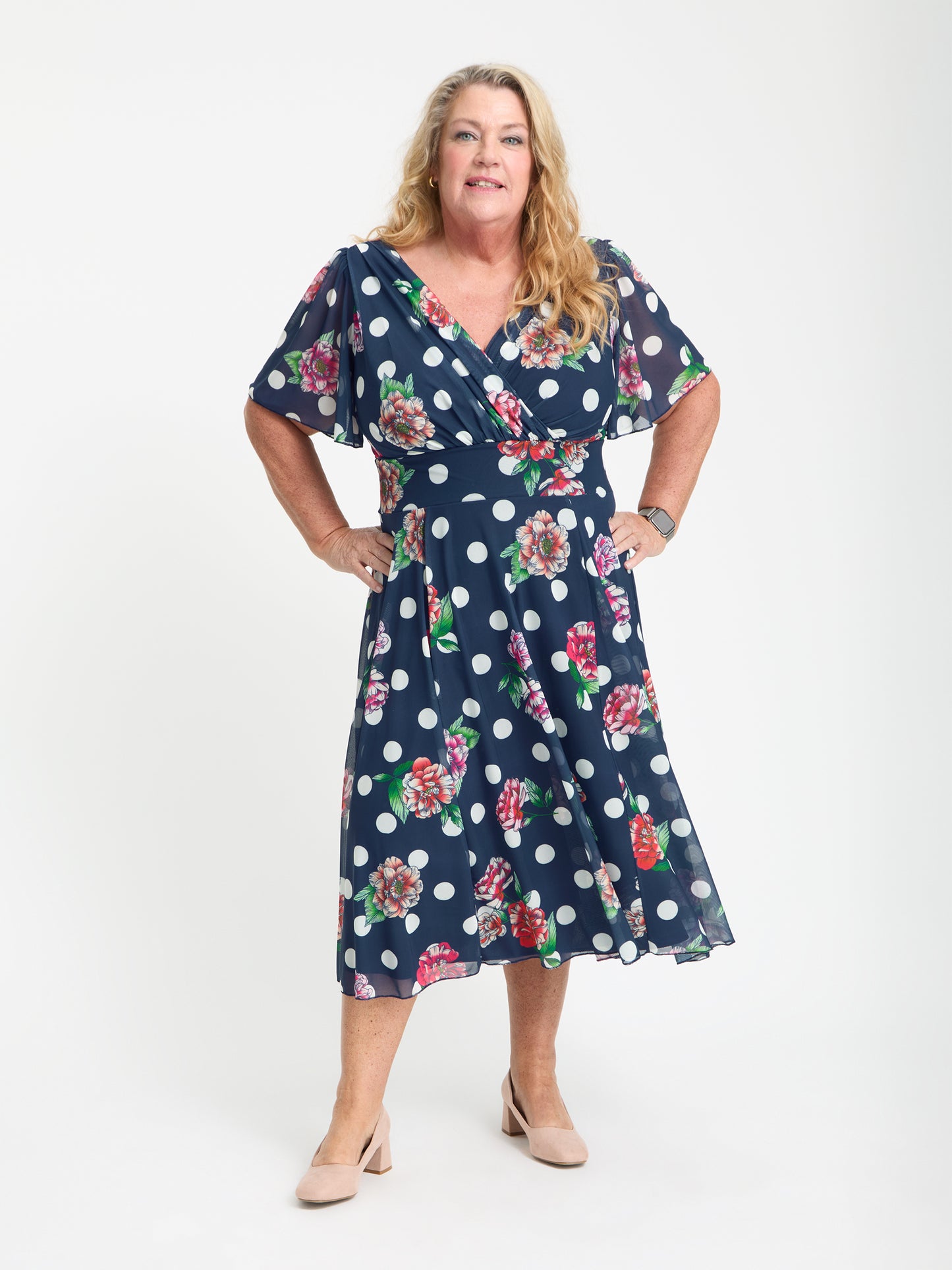 Petite Victoria Navy Spot Floral Angel Sleeve Mesh Long Midi Dress