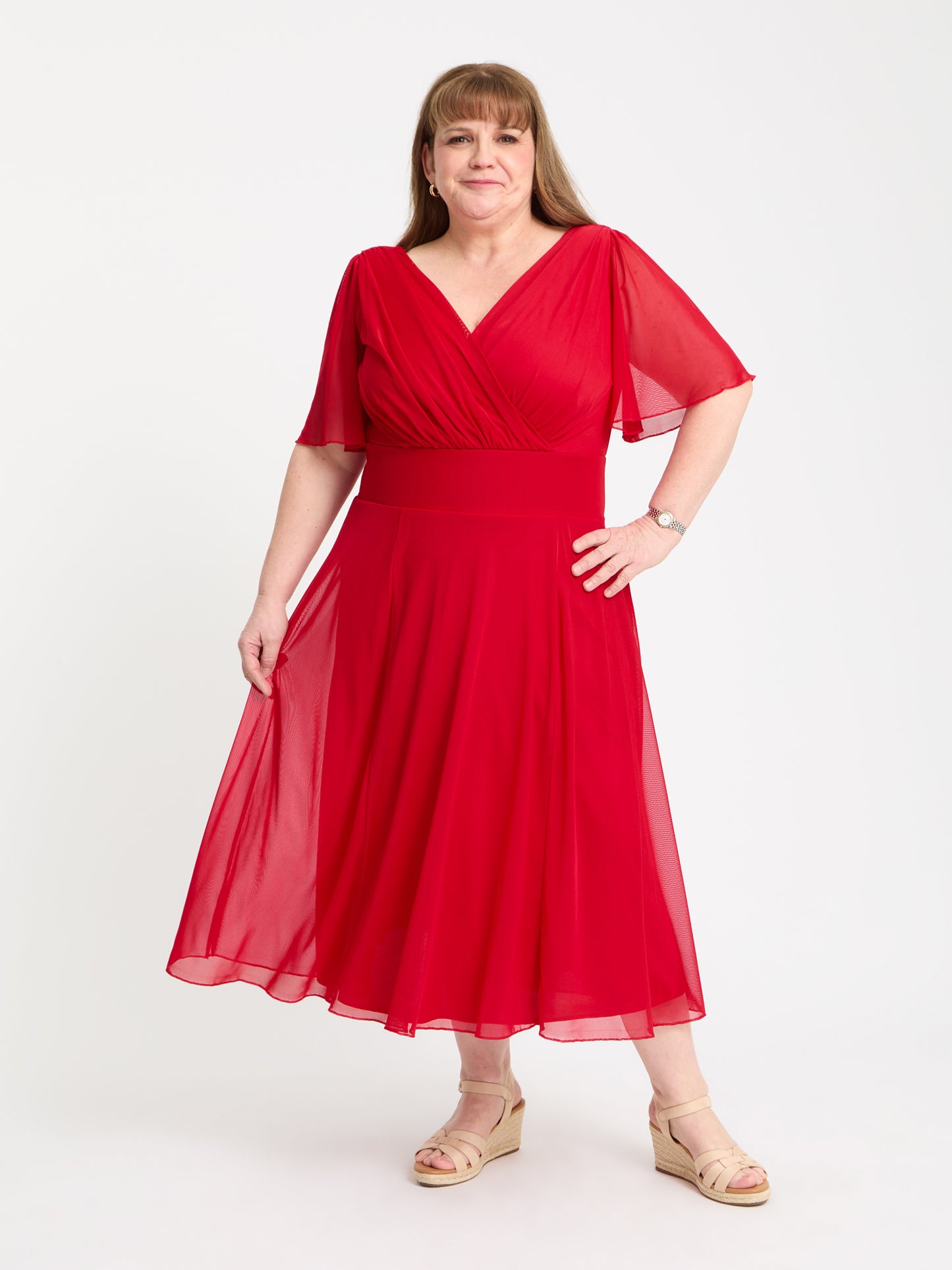 Petite Victoria Solid Red Angel Sleeve Mesh Midi Dress