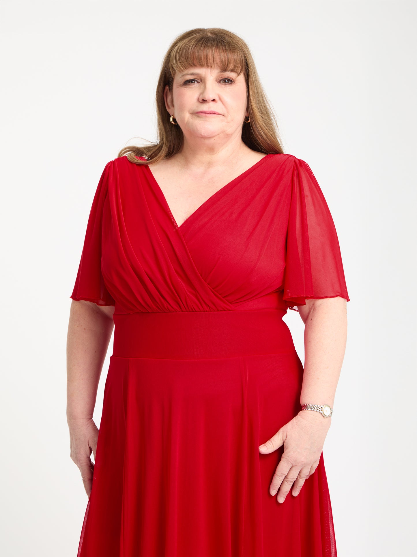 Petite Victoria Solid Red Angel Sleeve Mesh Midi Dress