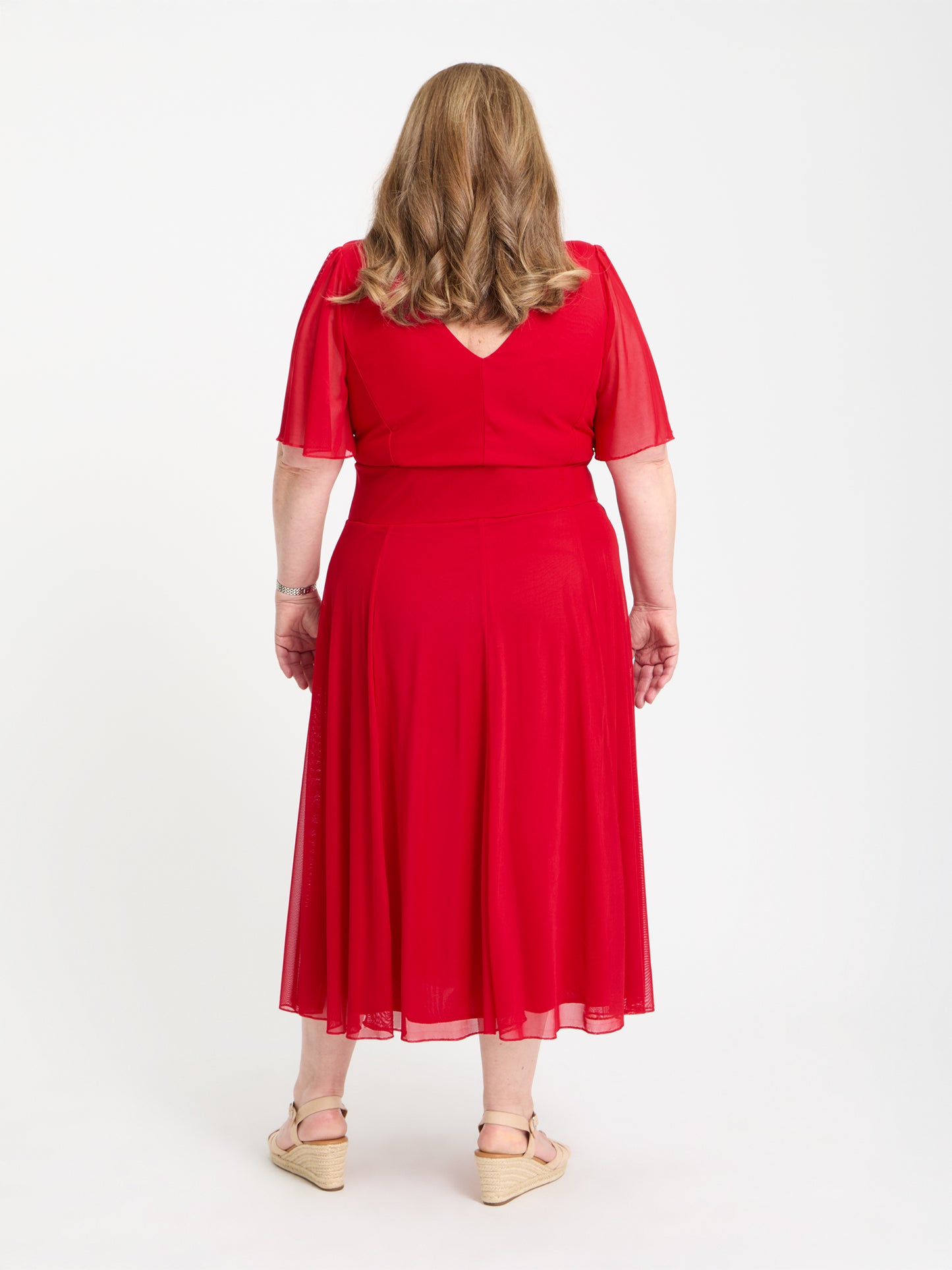 Petite Victoria Solid Red Angel Sleeve Mesh Midi Dress