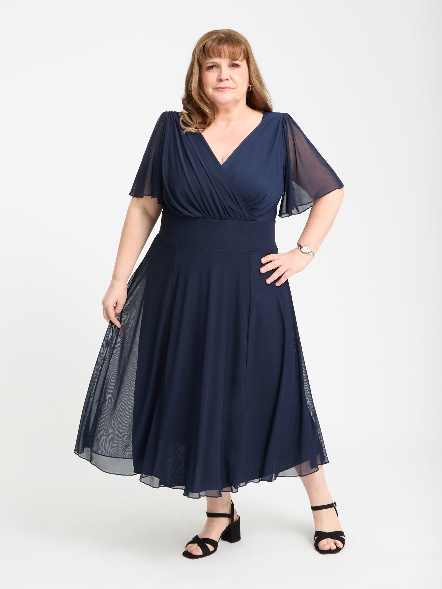 Petite Victoria Solid Navy Angel Sleeve Mesh Midi Dress