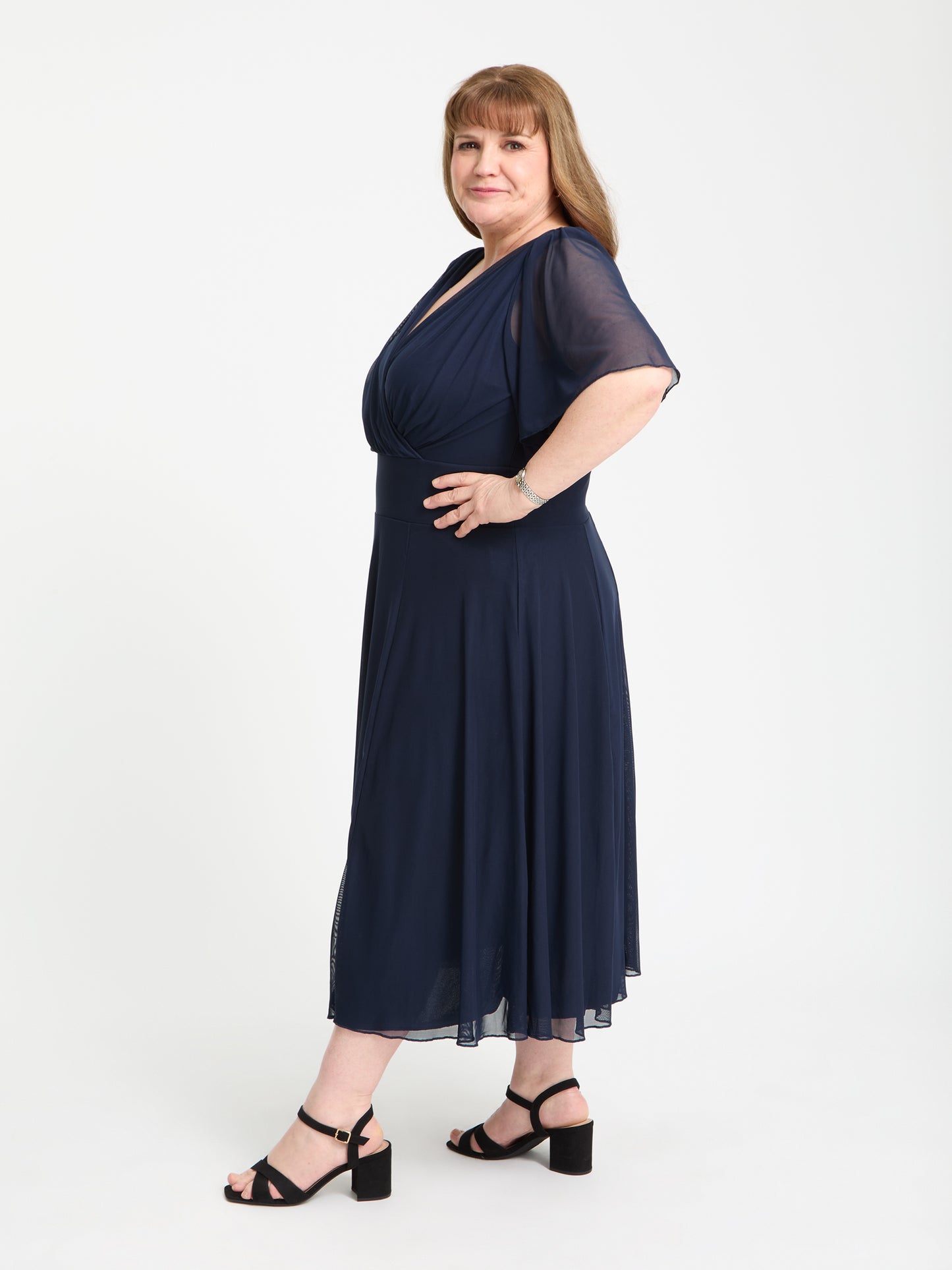 Petite Victoria Solid Navy Angel Sleeve Mesh Midi Dress
