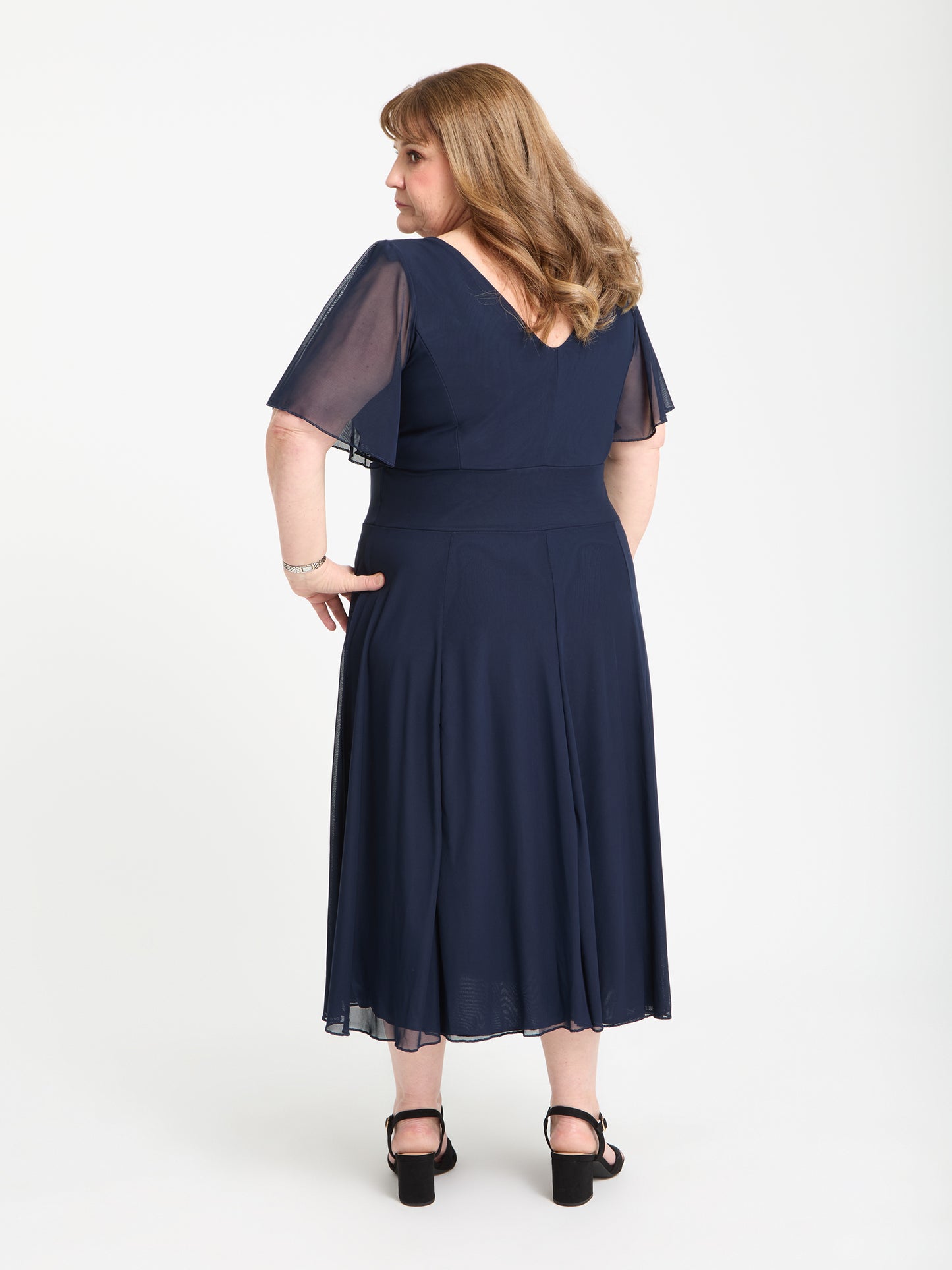 Petite Victoria Solid Navy Angel Sleeve Mesh Midi Dress
