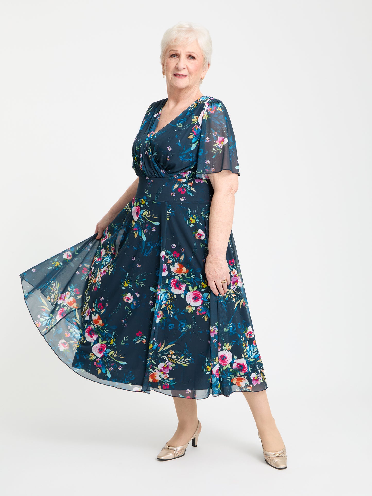 Petite Victoria Navy Pink Angel Sleeve Mesh Long Midi Dress