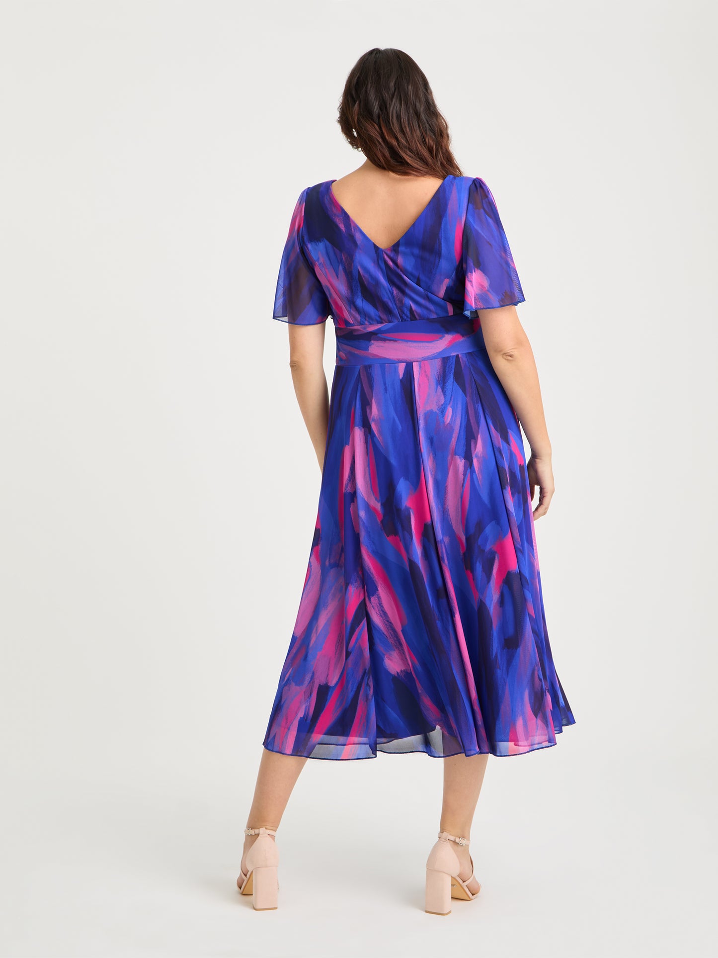 Victoria Blue Pink Brush Angel Sleeve Mesh Long Midi Dress