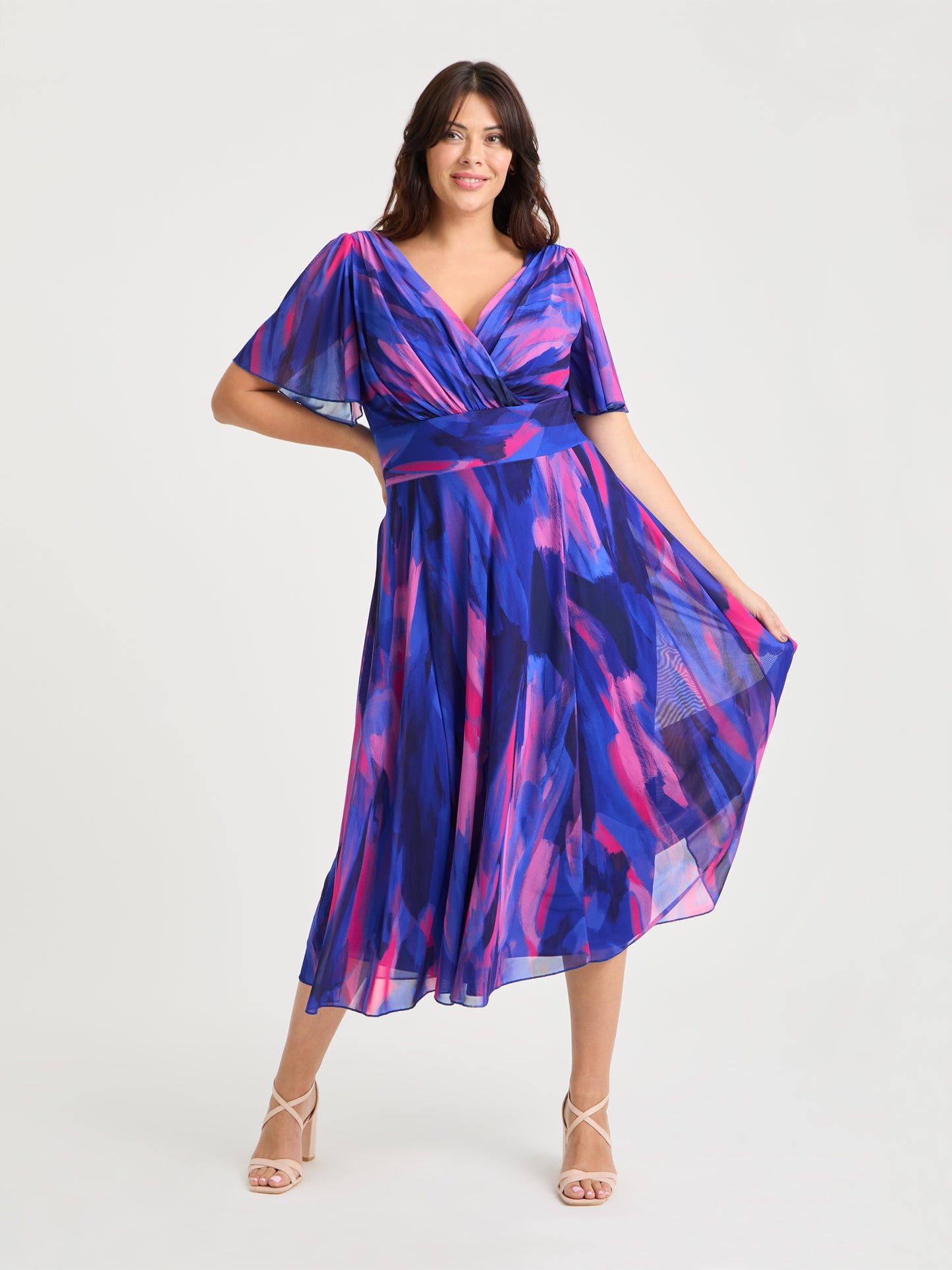 Victoria Blue Pink Brush Angel Sleeve Mesh Long Midi Dress