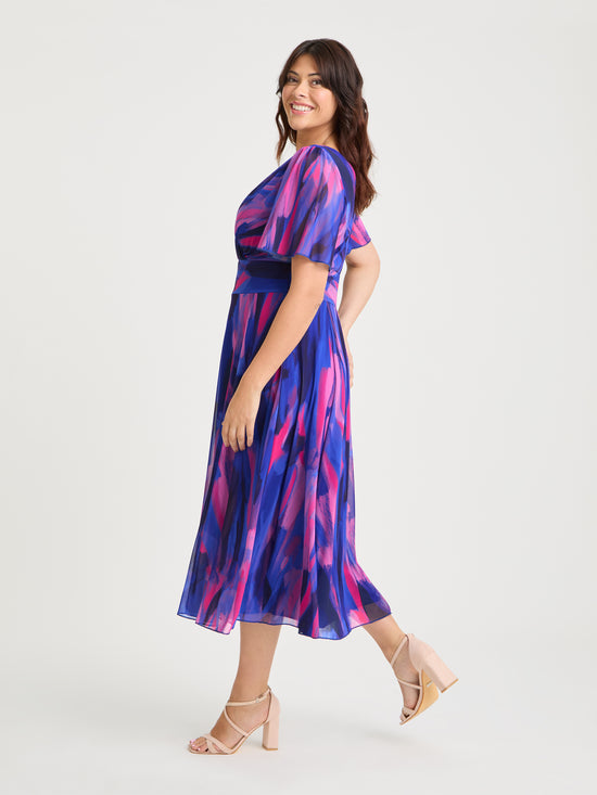 Victoria Blue Pink Brush Angel Sleeve Mesh Long Midi Dress