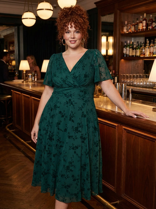 Victoria Green Flower Velvet Flock Angel Sleeve Mesh Long Midi Dress –  Scarlett & Jo