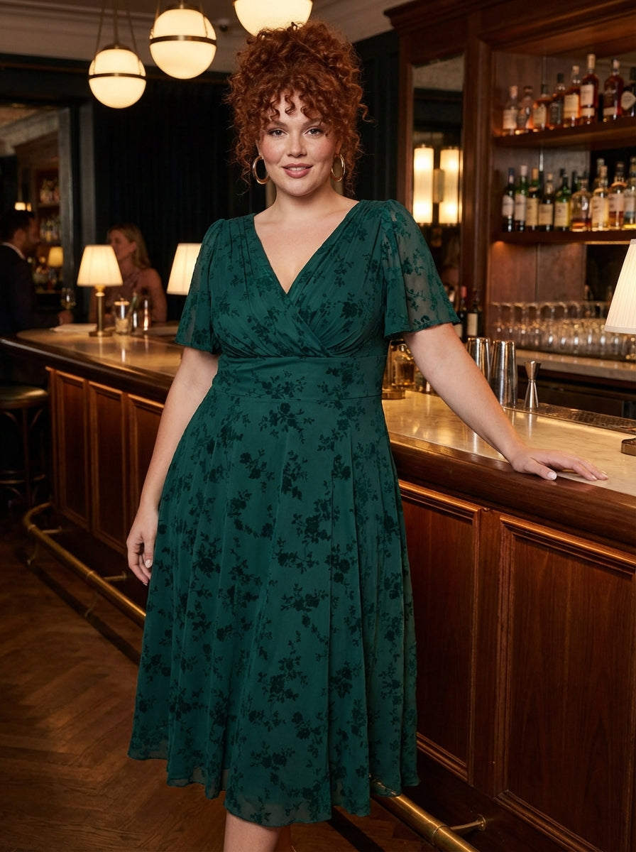 Victoria Green Flower Velvet Flock Angel Sleeve Mesh Long Midi Dress