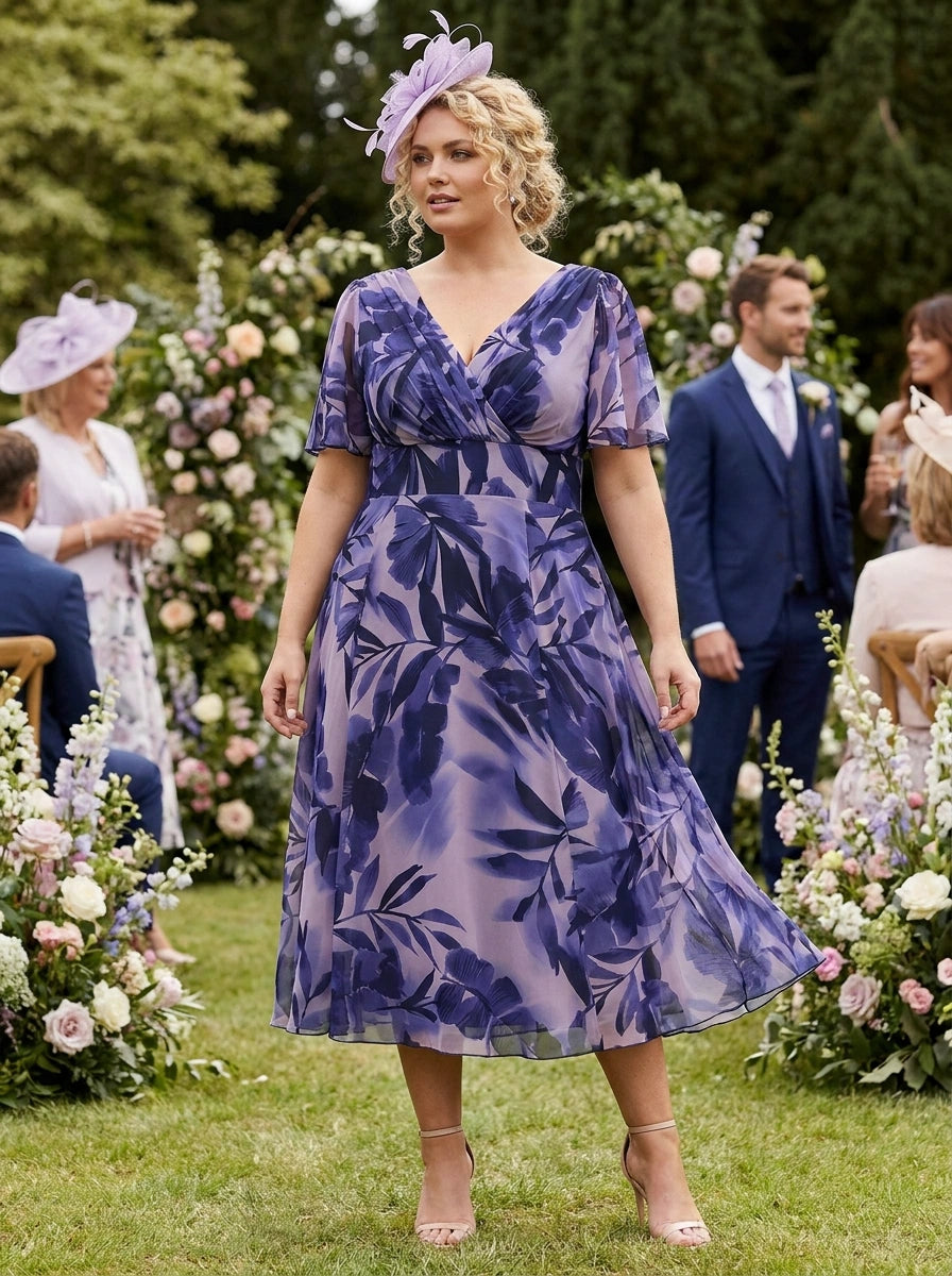 Victoria Indigo Rose Dress — Angel sleeves, MagicBand® waist, POWERFIT® mesh, UK 12-32, wedding guest