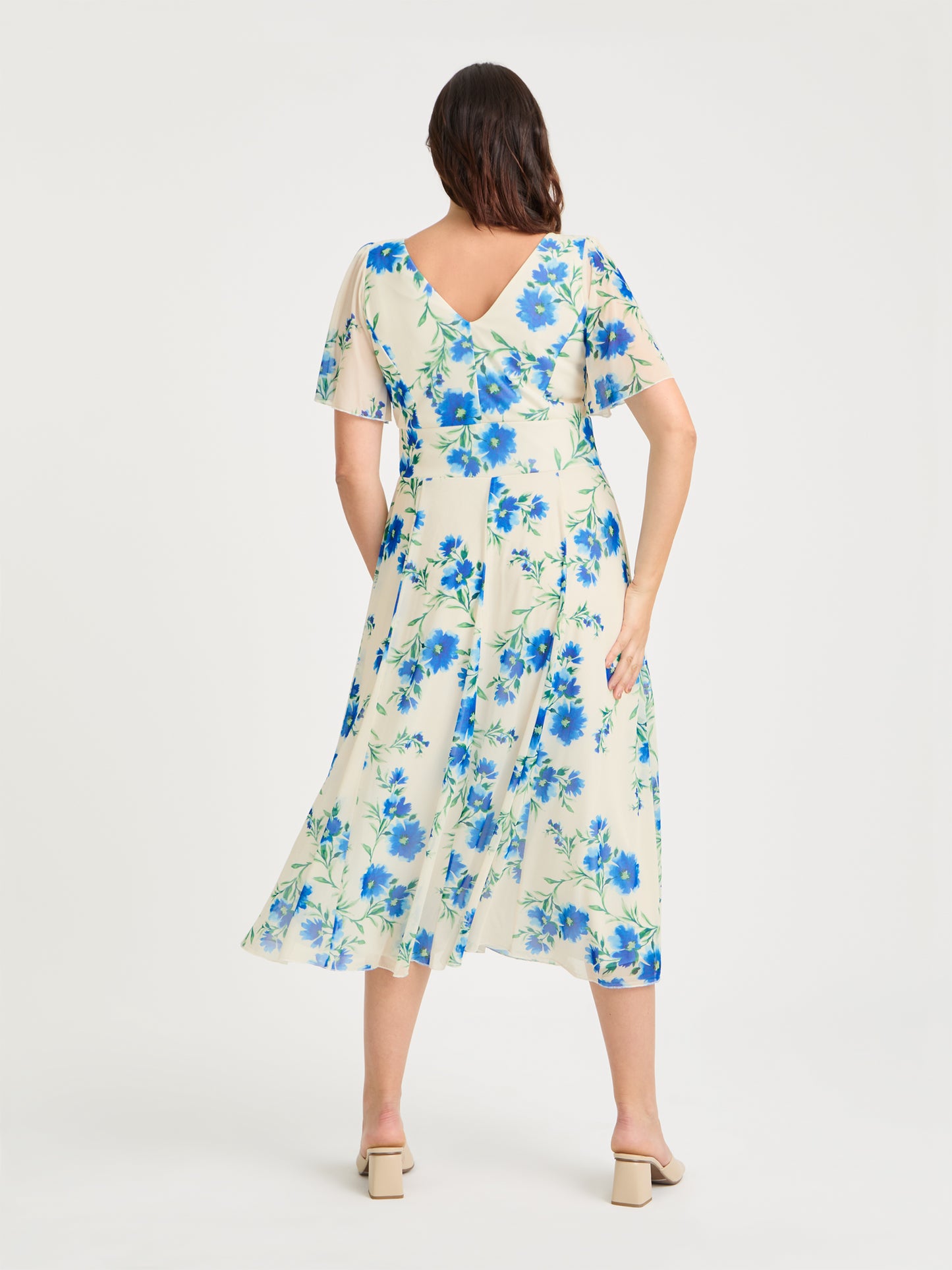 Victoria Ivory Blue Angel Sleeve Mesh Long Midi Dress