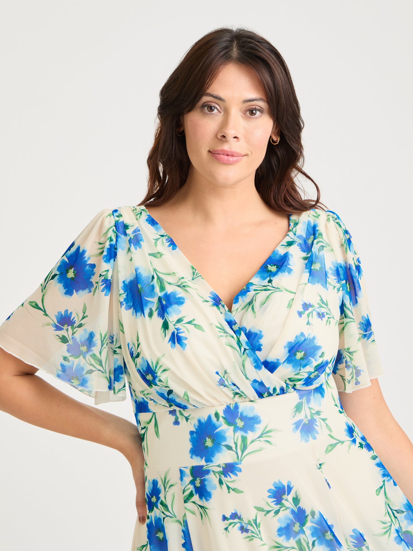 Victoria Ivory Blue Angel Sleeve Mesh Long Midi Dress