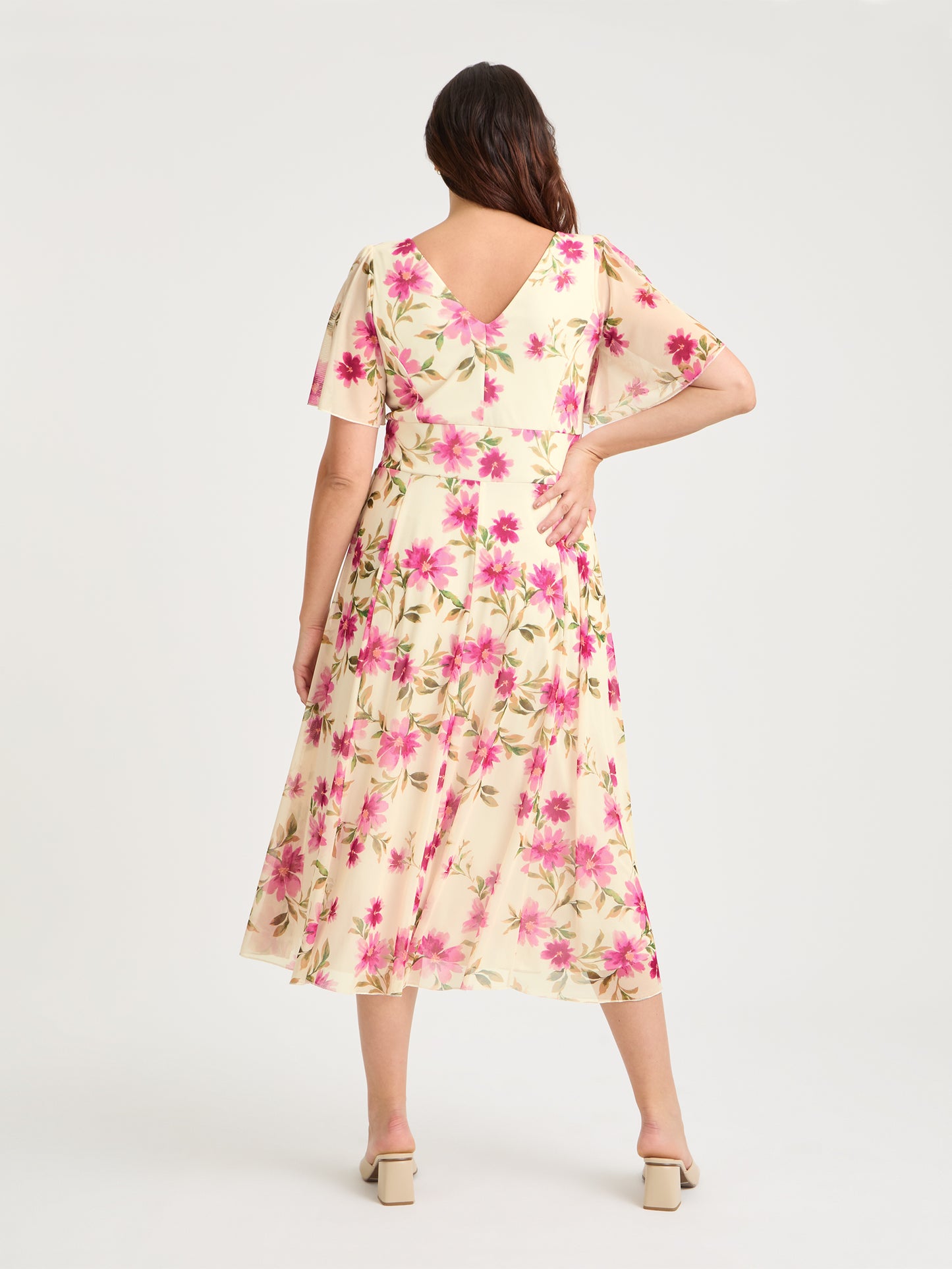 Victoria Ivory Pink Angel Sleeve Mesh Long Midi Dress