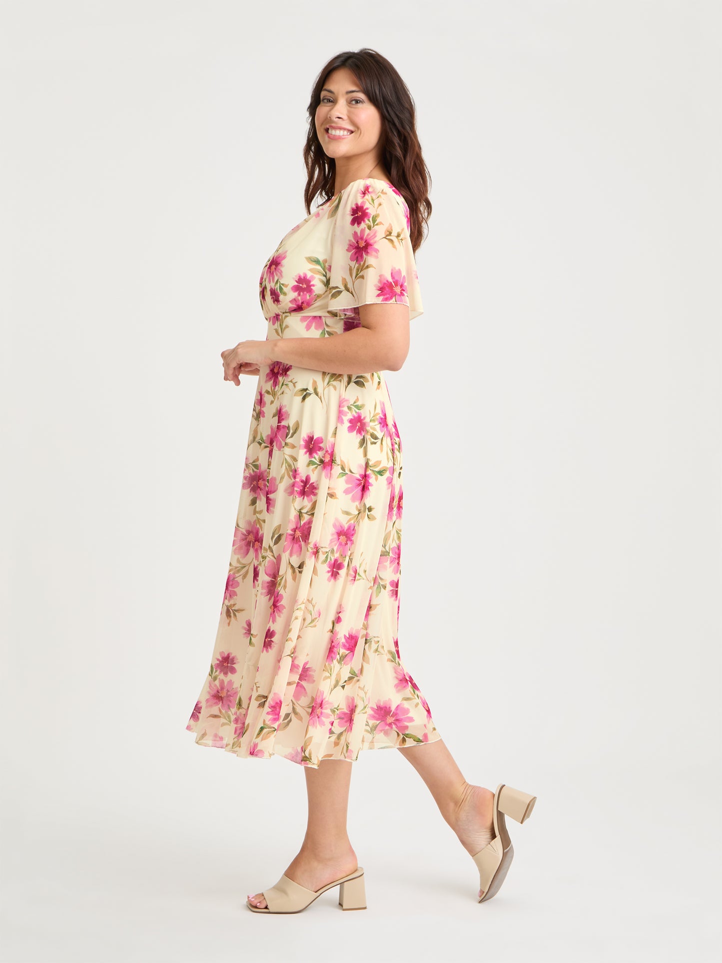 Victoria Ivory Pink Angel Sleeve Mesh Long Midi Dress