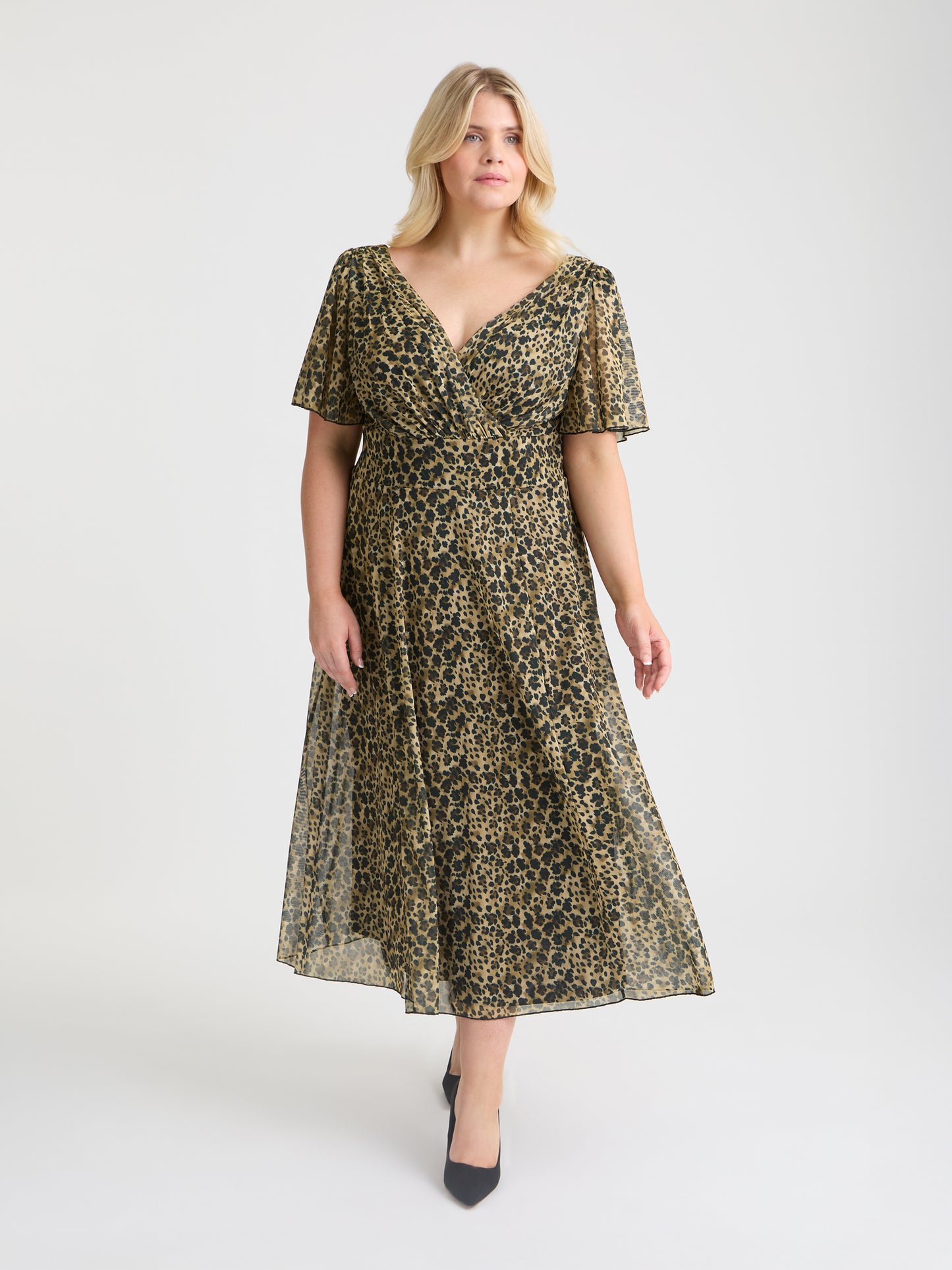 Victoria Leopard Print Angel Sleeve Mesh Long Midi Dress