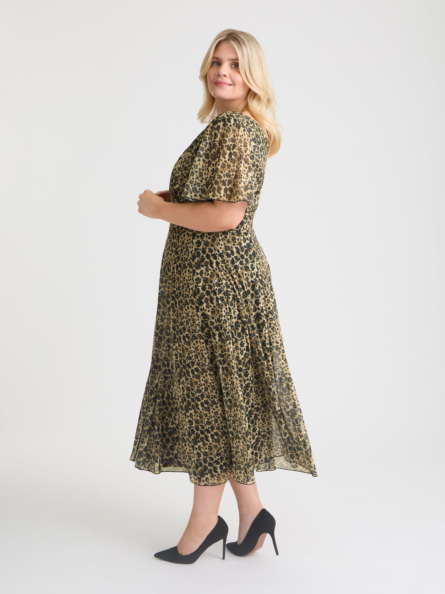 Victoria Leopard Print Angel Sleeve Mesh Long Midi Dress