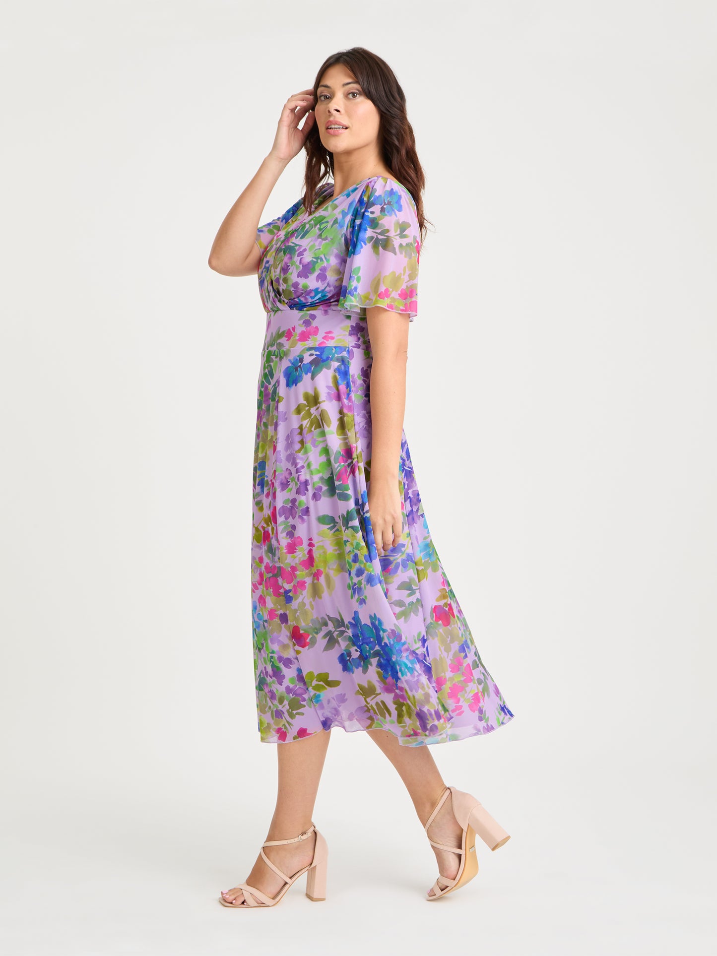 Victoria Lilac Multi Angel Sleeve Mesh Long Midi Dress