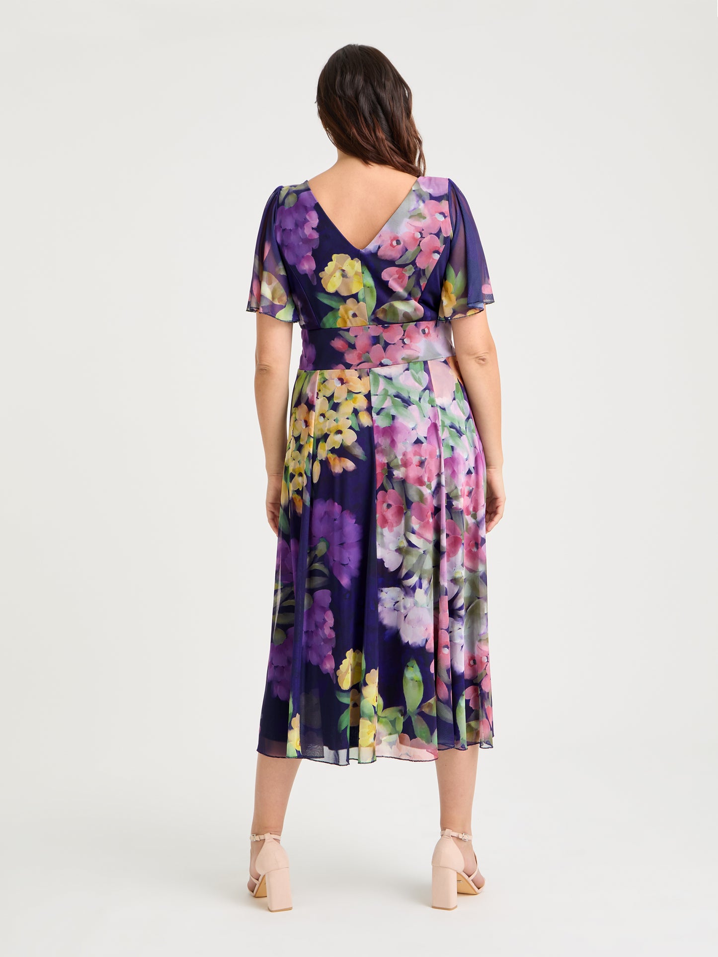 Victoria Navy Purple Multi Angel Sleeve Mesh Long Midi Dress