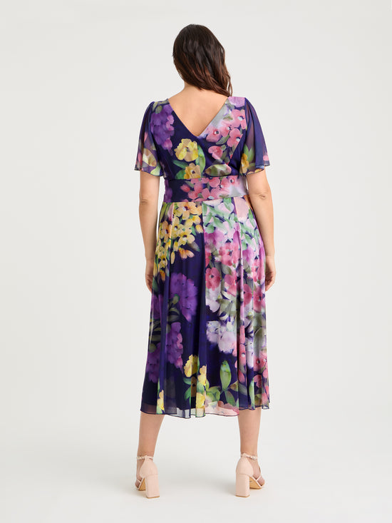 Victoria Navy Purple Multi Angel Sleeve Mesh Long Midi Dress